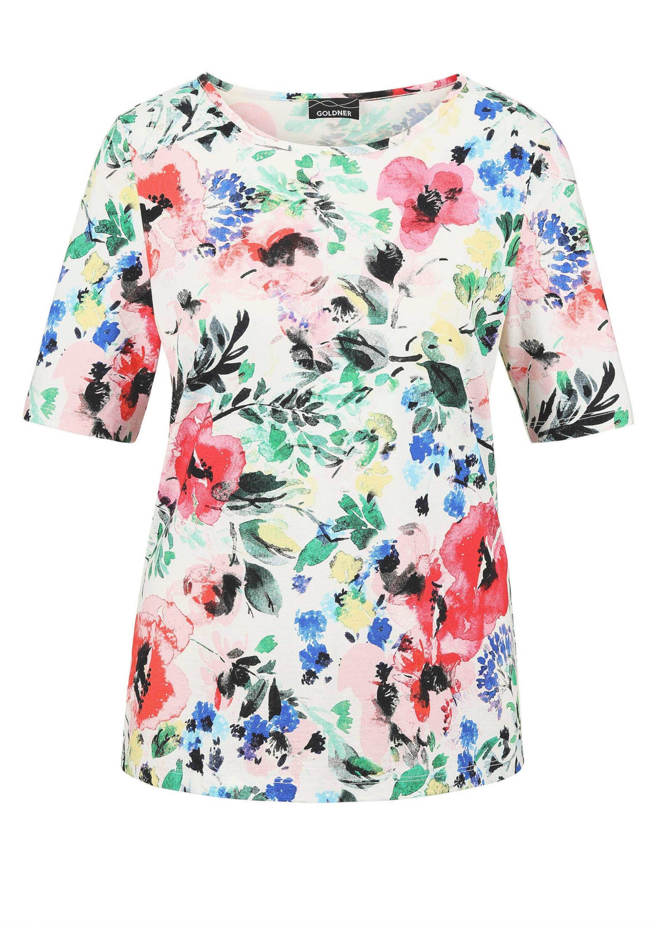 GOLDNER Kurzarmshirt "Kurzgröße Florales Shirt in bunten Farben mit Halbarm" Blumenmuster
