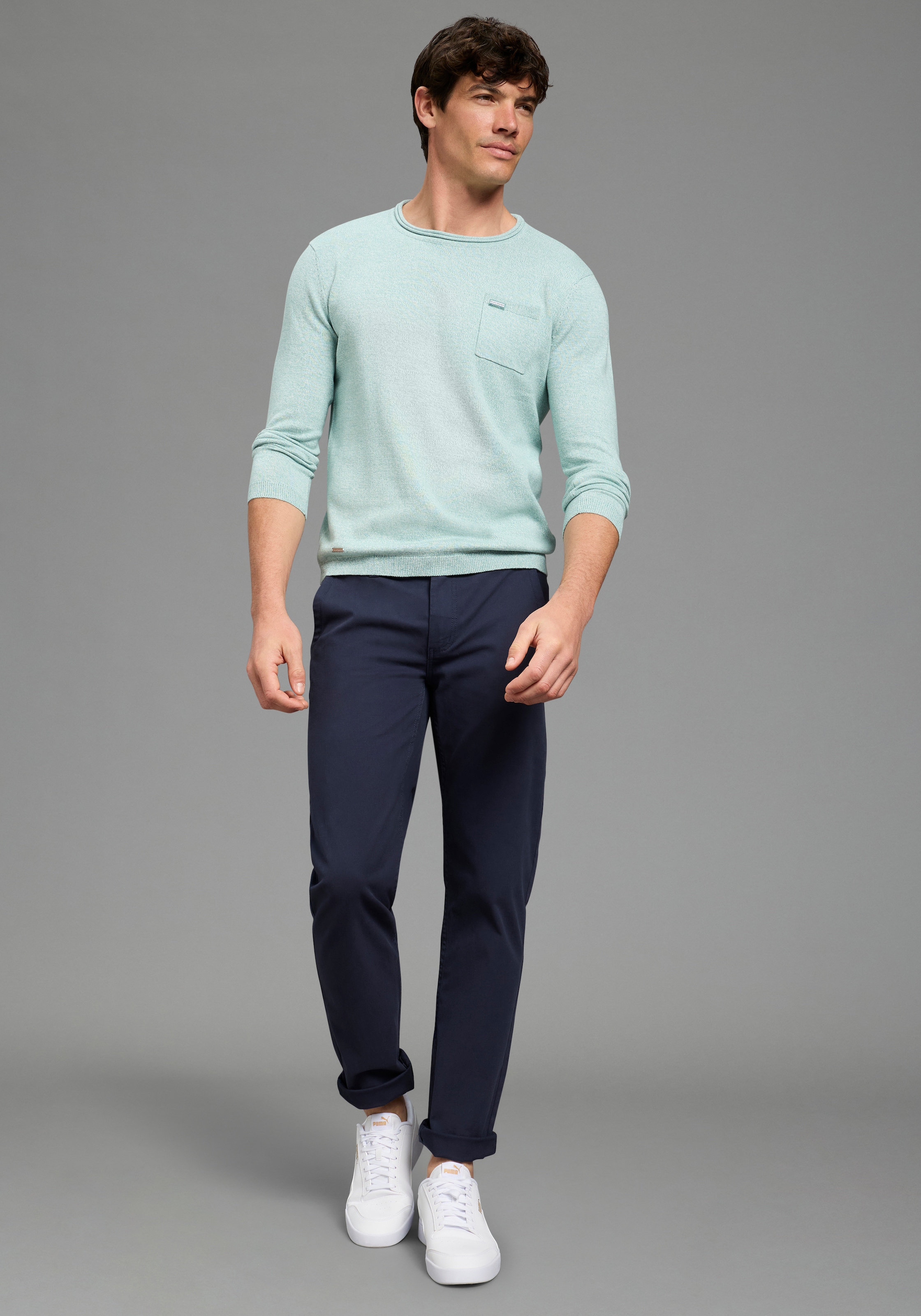 Bruno Banani Rundhalspullover aus Baumwolle, mit Rundhalsausschnitt, Langarm, melierte Optik