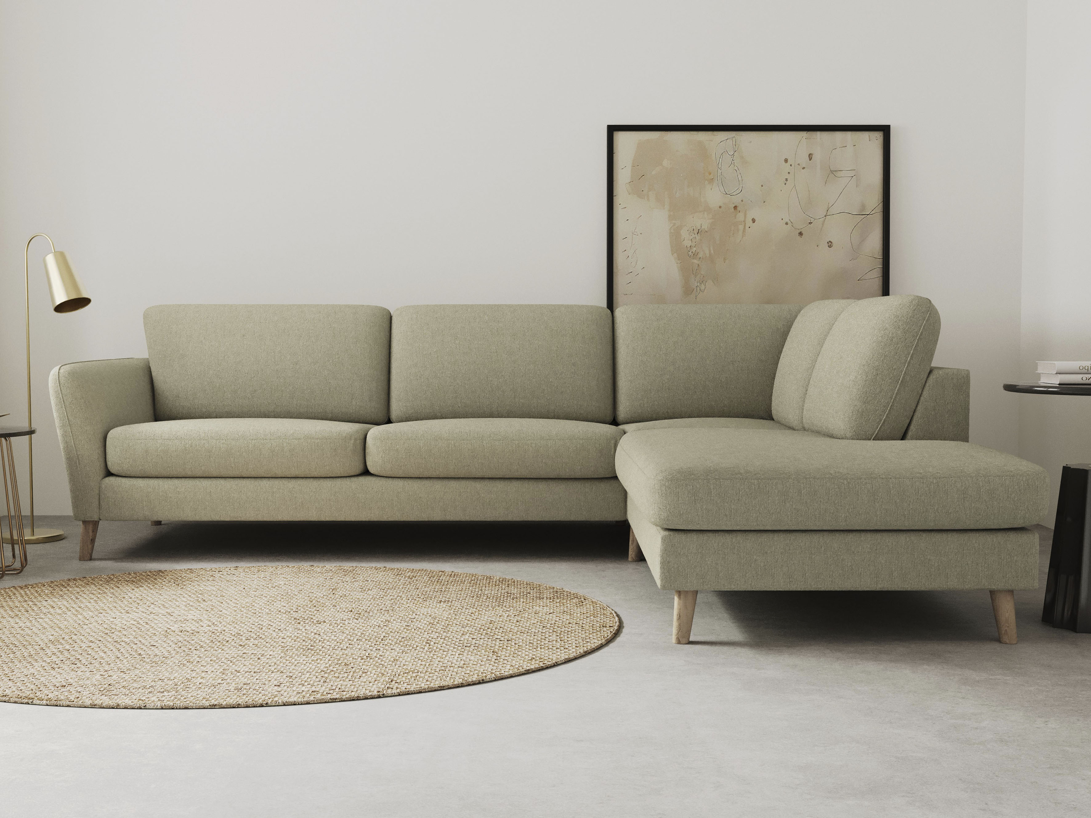 OTTO home Ecksofa "MARSEILLE 278/202 cm, L-Form, Ottom. rechts/links, verschiedene Bezüge" Massivholzbeine Eiche, Landhausstil, Wellenunterfederung