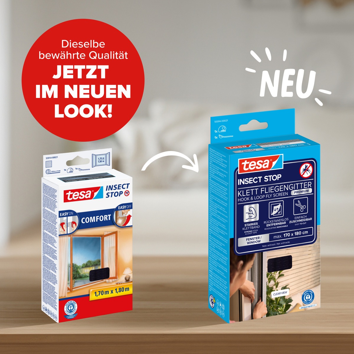 tesa Fliegengitter-Gewebe »Premium für Fenster, Insektenschutz mit Klettband - 170x180 cm« Packung, Fliegennetz, Klettband, Andrück und Schneidehilfe, 1 Stk. tlg. mit starkem Klettband, rückstandsfrei entfernbar, zuschneidbar