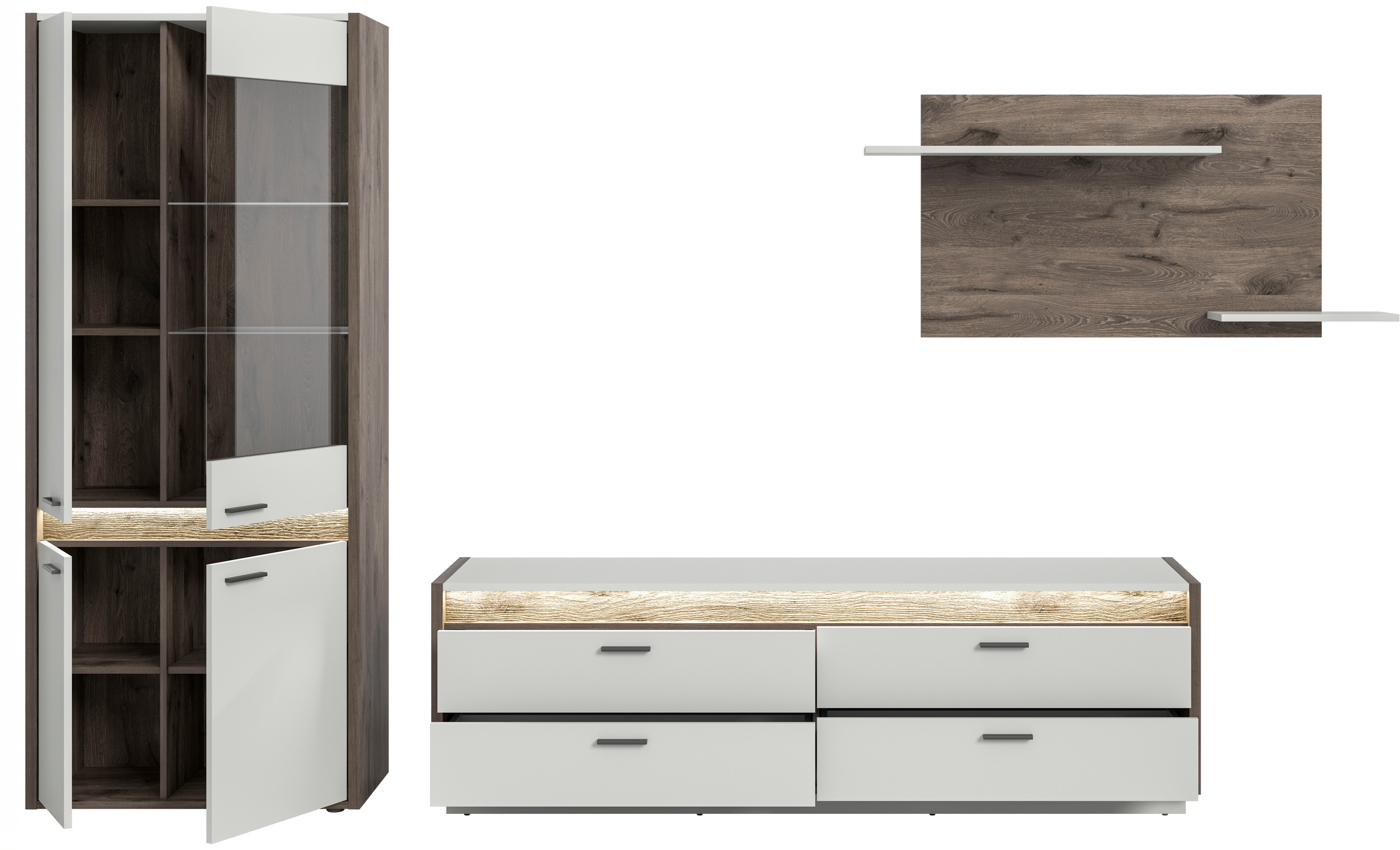 INOSIGN Wohnwand »Treviso, Breite 299 cm, bestehend aus: 1x Vitrine, 1x Lowboard und«, (3 St.), 1x Wandboard, Kombination, Wohnkombination, Mediawand, TV-Wand