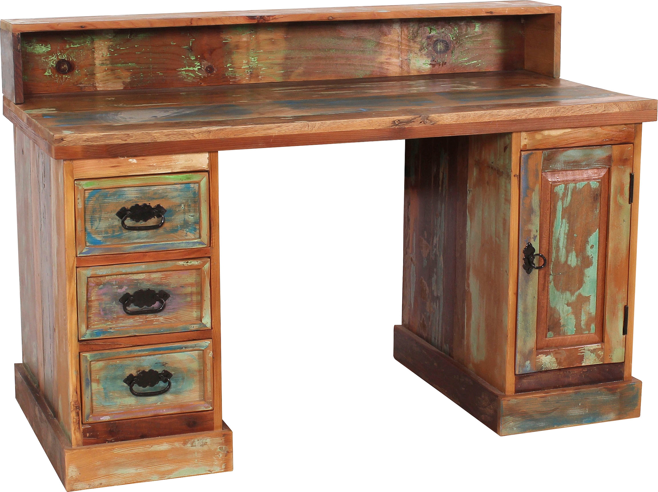 SIT Schreibtisch "Otranto aus Altholz mit 3 Schubladen und 1 Tür im Used Look" Bunt lackiertes Altholz mit authentischem Vintage-Used-Look