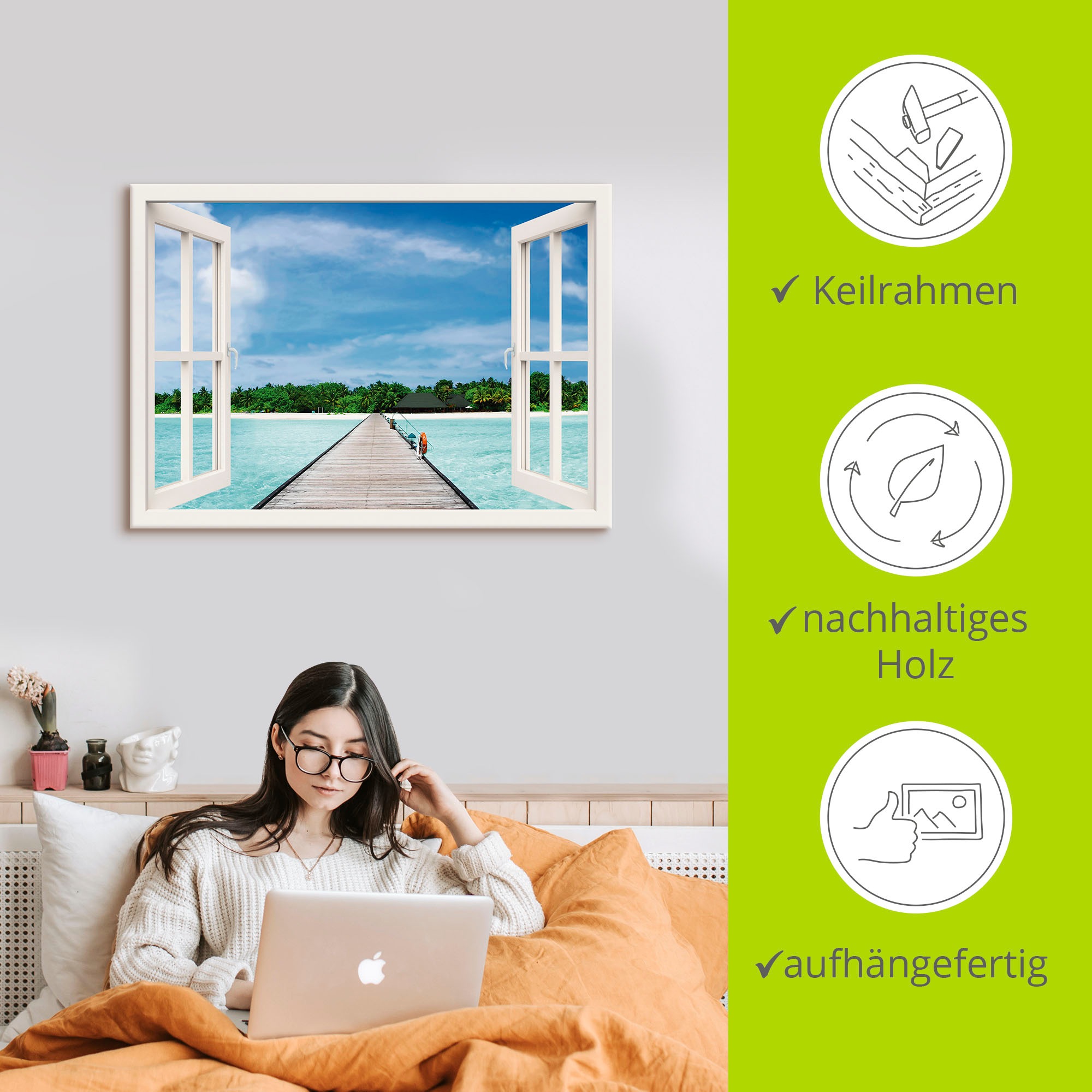 Artland Wandbild »Fensterblick maledivischen Paradies«, Fensterblick, (1 St.), als Leinwandbild, Poster, Wandaufkleber in verschied. Größen