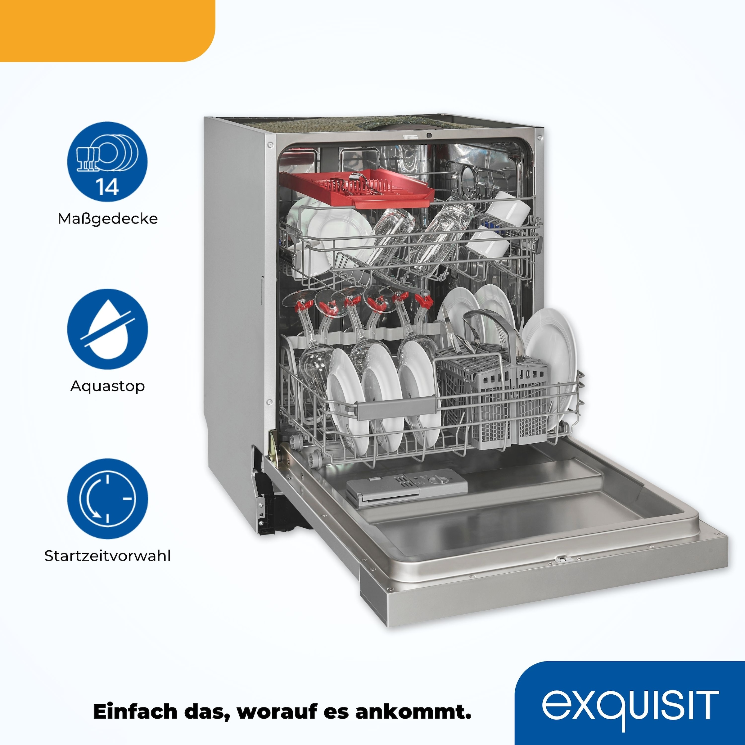 exquisit teilintegrierbarer Geschirrspüler »EGSP9414-EB-030D inox«, 14 Maßgedecke