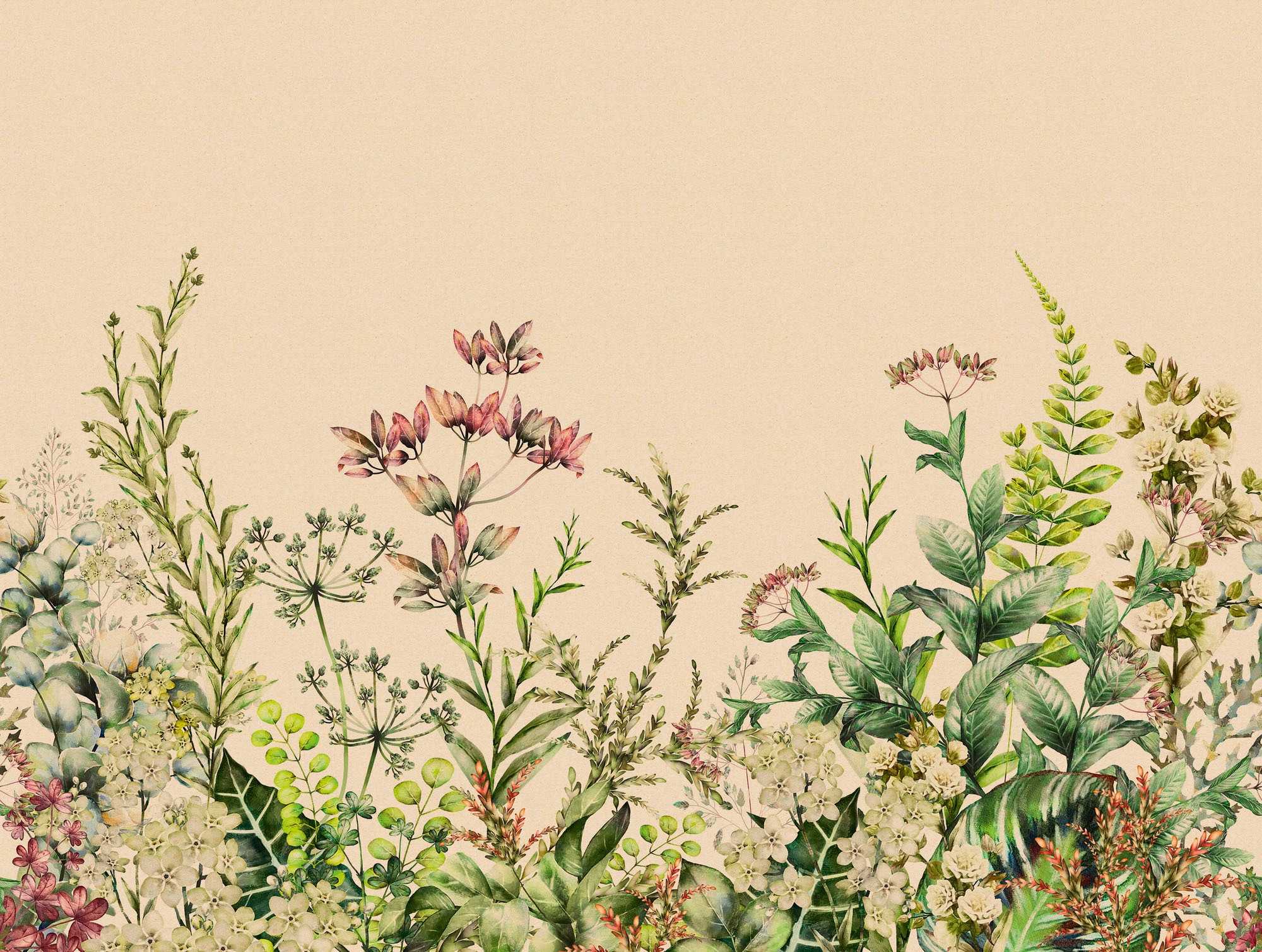 living walls Fototapete "The Wall" botanisch naturalistisch natürlich glatt Fototapete Blume Tapete Dschungel Tapeten Wohnzimmer Flur Design Optik