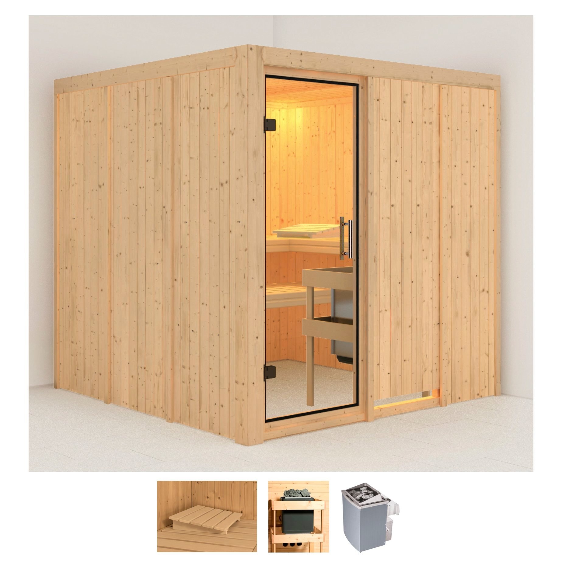 Karibu Sauna "Rodin" Set, Ofen 9 kW integr. Strg