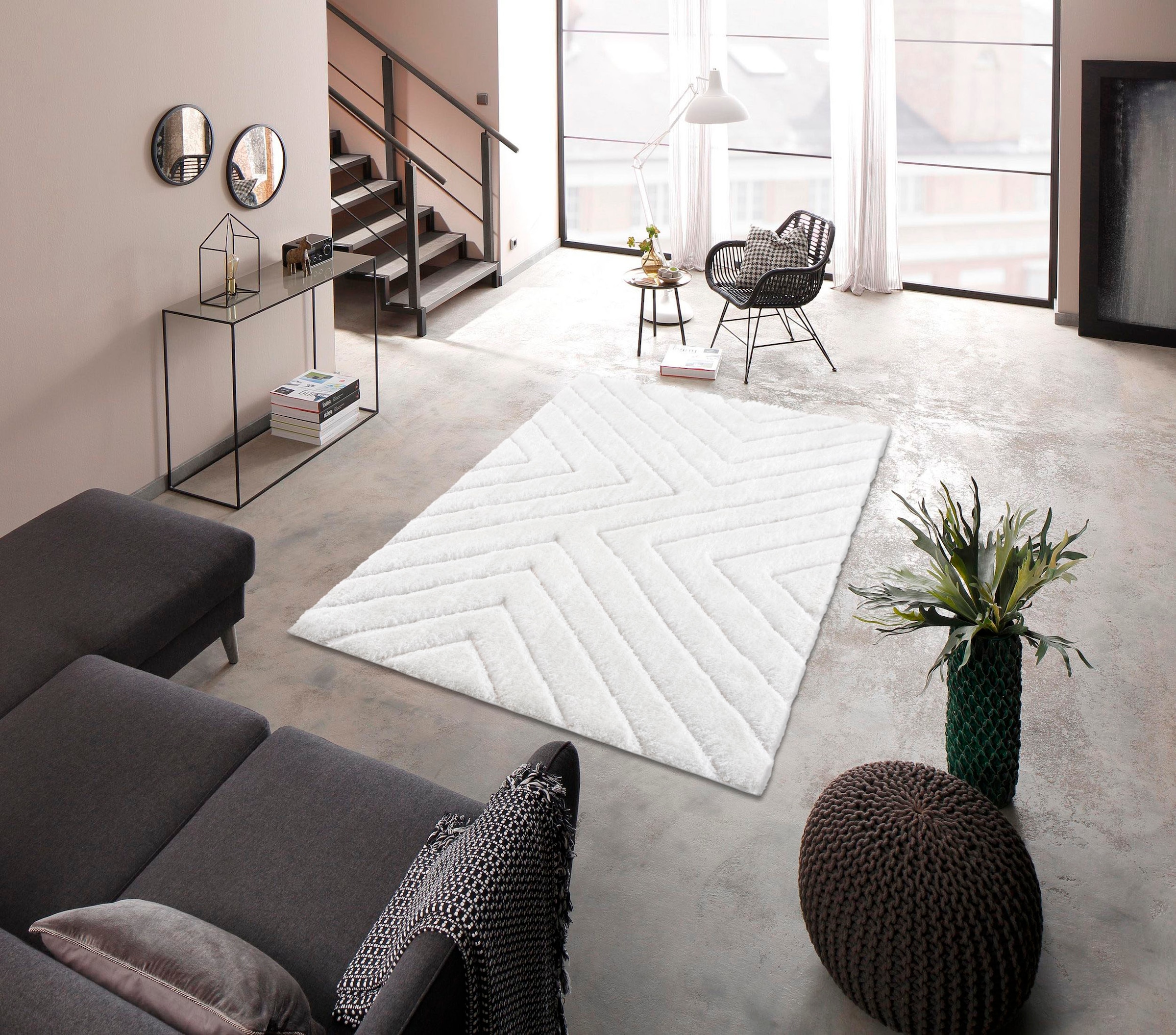 my home Hochflor-Teppich »Fiori«, rechteckig, 43 mm Höhe, mit handgearbeitetem Konturenschnitt, Hochflor, Hoch-Tief-Effekt