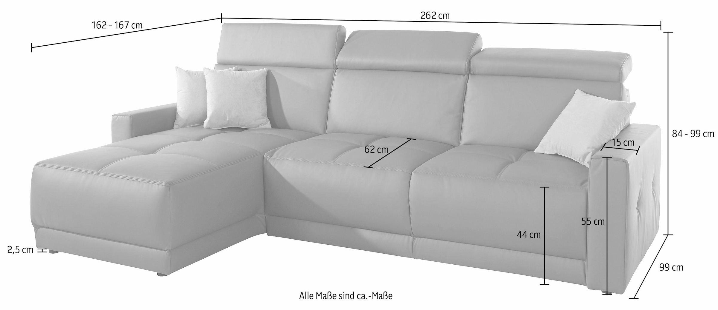 DOMO collection Ecksofa »Ava mit moderner Sitzheftung & toller Doppelnaht, komfortabel, L-Form«, mit Recamiere, inkl. Federkern, wahlweise mit Kopfteilverstellungen