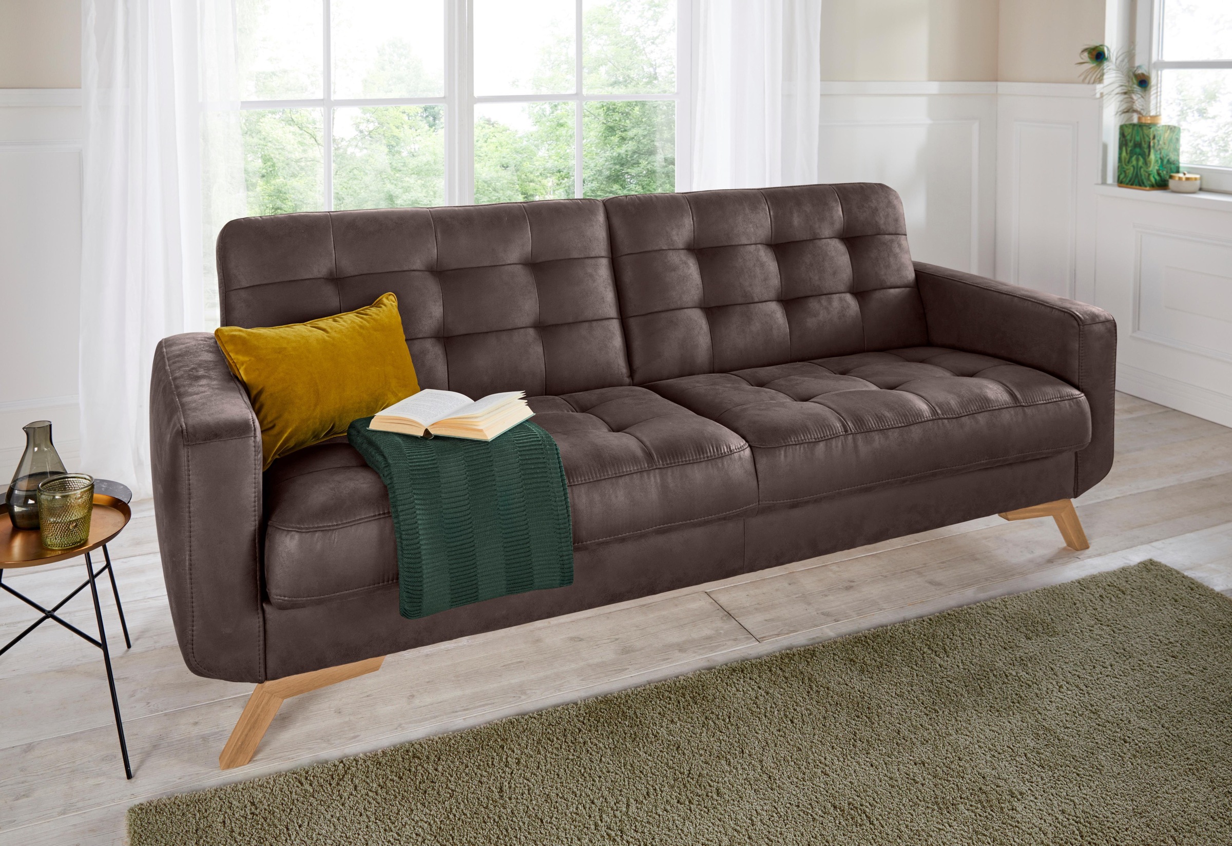 exxpo - sofa fashion 3-Sitzer »Fiord, aktuelles Design, tolle Detailverarbeitung im Sitz und Rücken«, bequem, wahlweise Kippcouch mit Bettfunktion und Bettkasten, Holzfuß