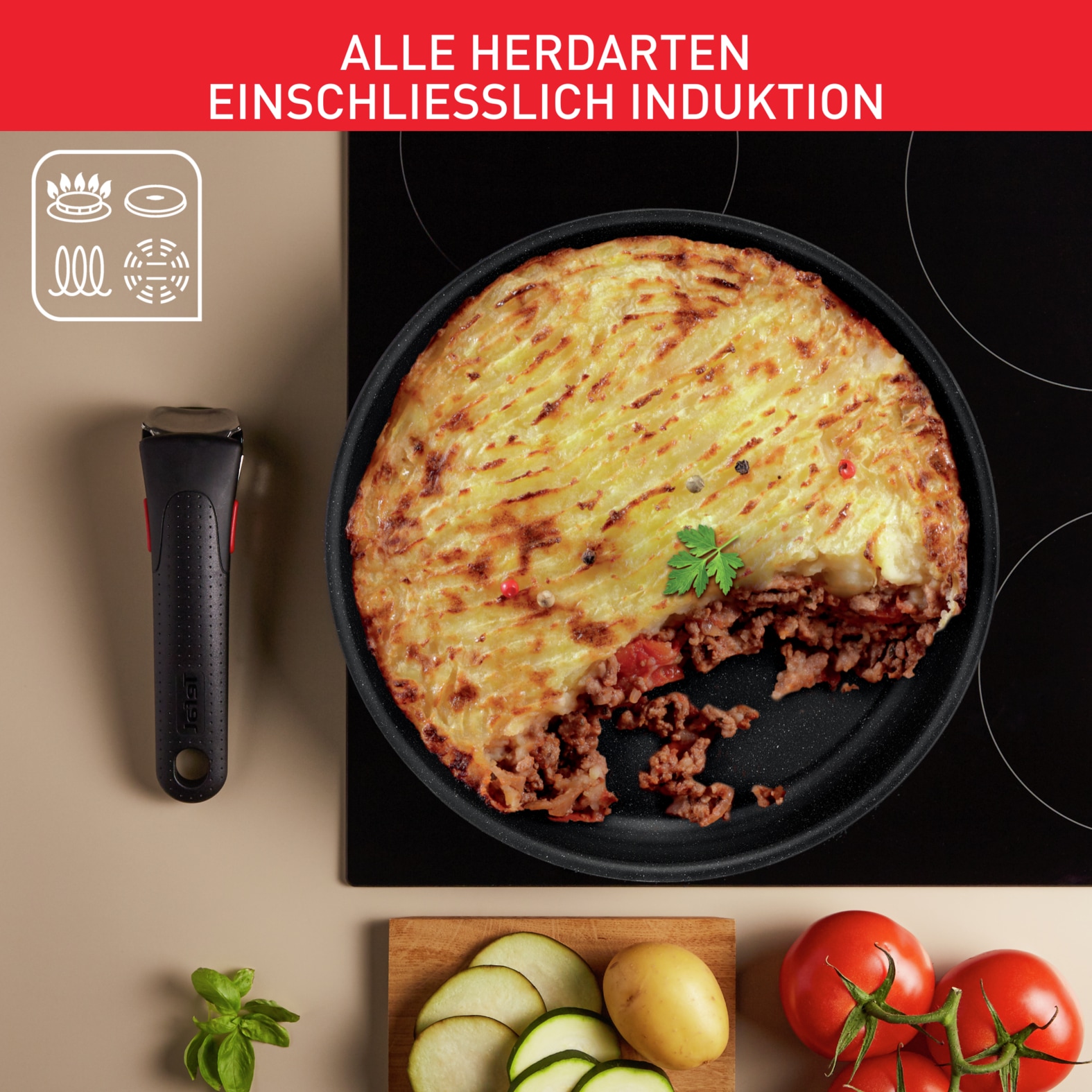 Tefal Topf-Set »L39996 Ingenio Black Stone, Topfset Induktion stapelbar, Antihaft«, Aluminium, (Set, 4 tlg., je 1 Stielkasserolle Ø 16/18/20 cm, 1 abnehmbarer Griff), Thermo-Signal bei idealer Brattemperatur, für alle Herdarten geeignet