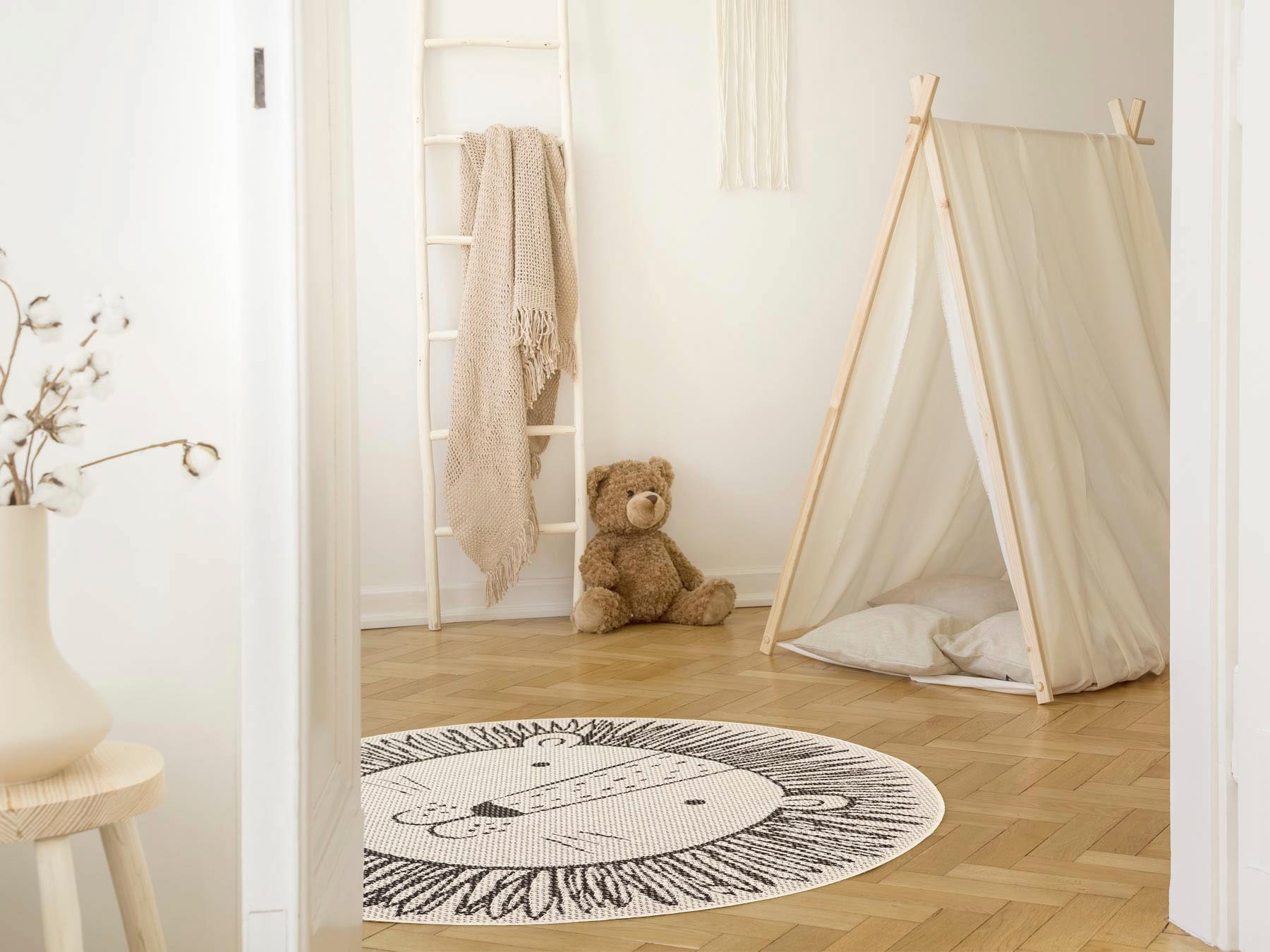 Primaflor-Ideen in Textil Kinderteppich »CABANE - Löwe«, rund, 3 mm Höhe, Flachgewebe, Motiv Löwe, In- und Outdoor geeignet, Kinderzimmer
