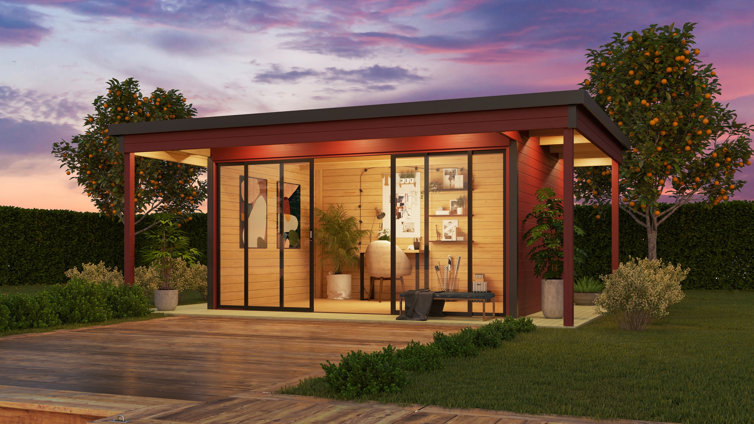 LASITA MAJA Gartenhaus »DOMEO 4 LOGGIA SCHWEDENROT/ANTHRAZIT - NEU«, (Set), mit Überdachung, Fundamentmass 800+4180+800 x 800+3219, Schwedenrot