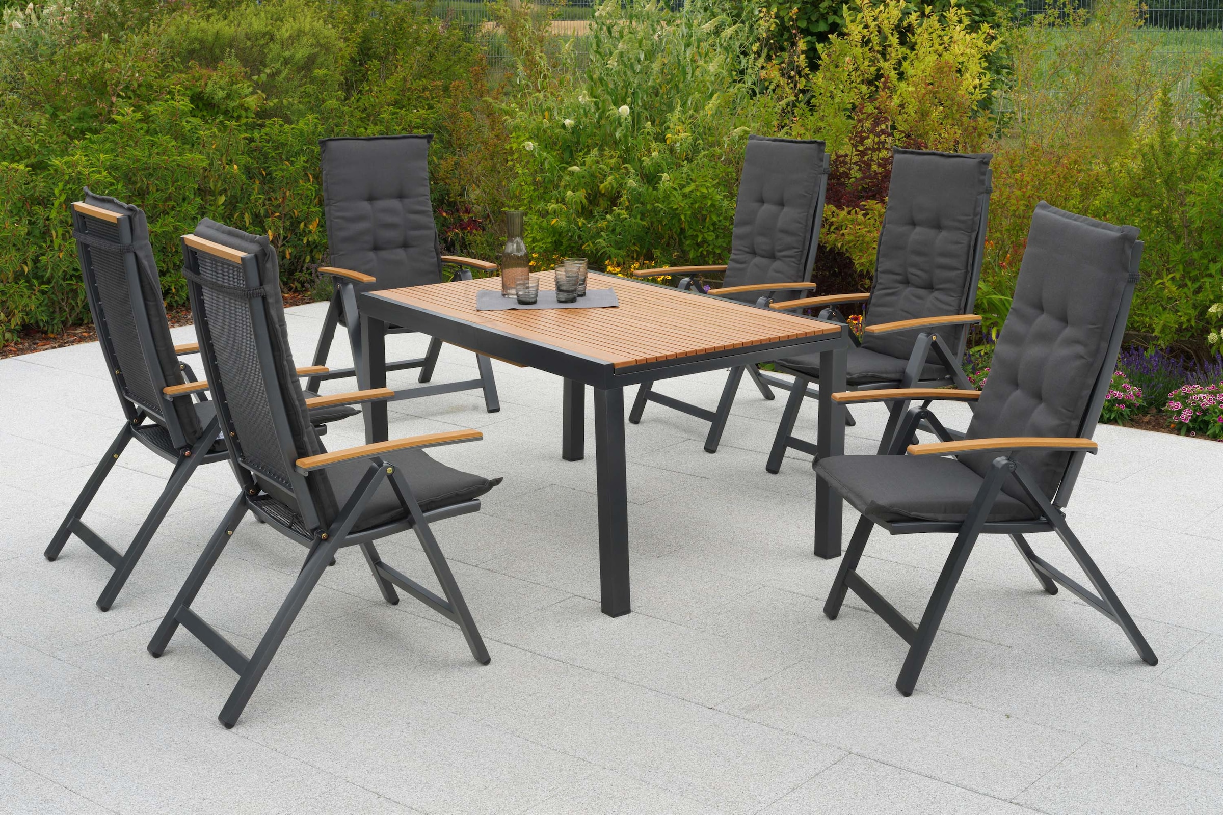 MERXX Garten-Essgruppe »Itanos« Set, 13 tlg. inkl. 6 Klappsessel, 6 Auflagen, 1 Ausziehtisch