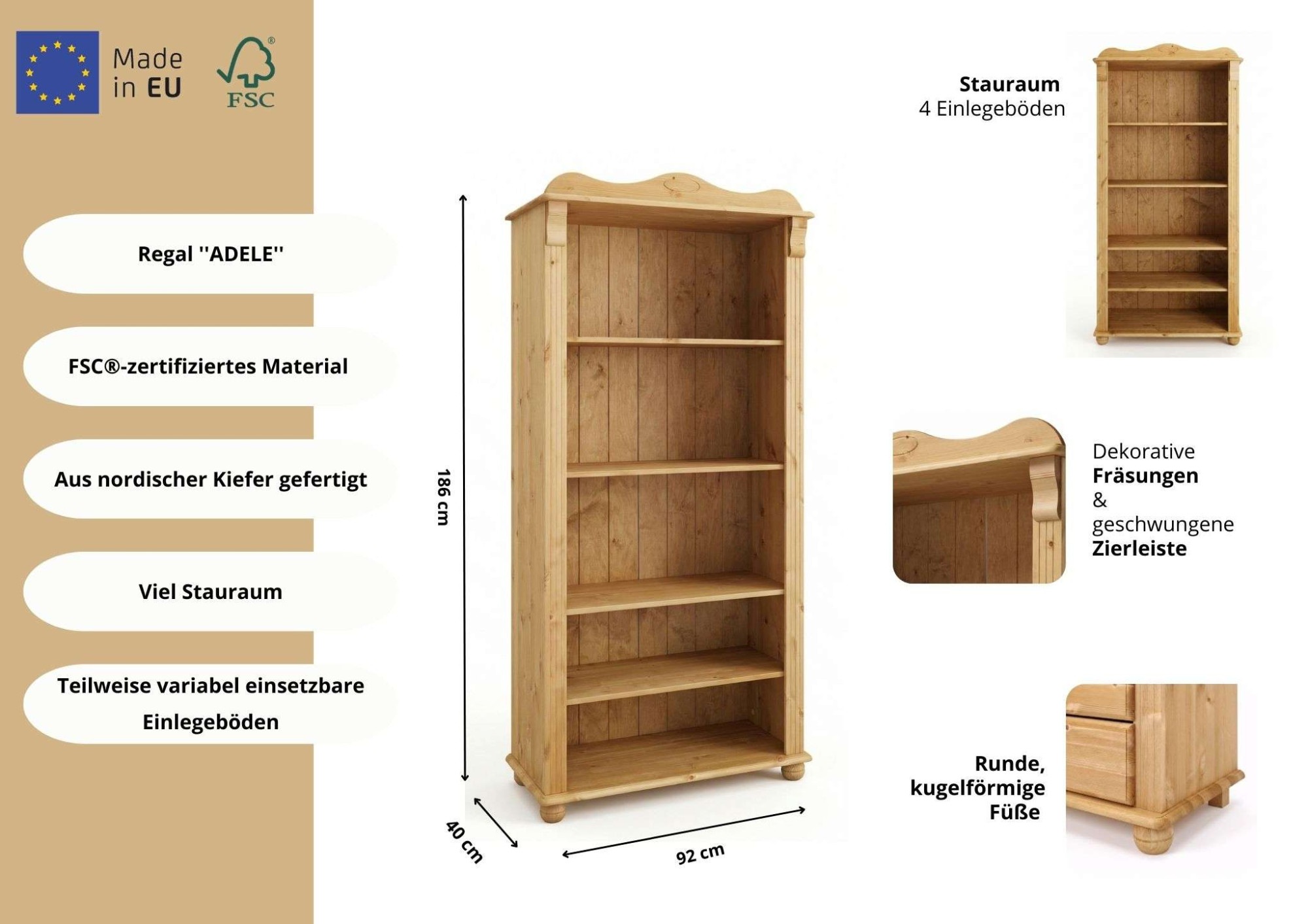 OTTO home Bücherregal »Adele, Standregal, Regal« B/T/H:,  aus massiver Kiefer, Breite 92 cm, FSC®
