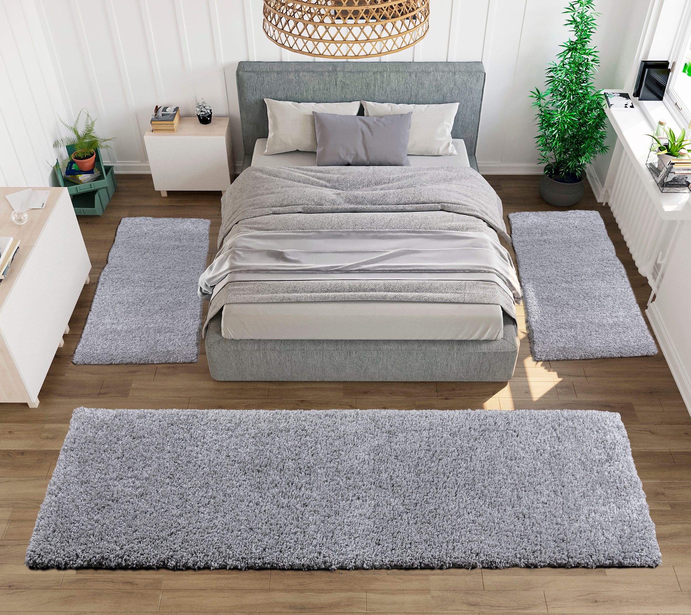 my home Bettumrandung »Shaggy 30«, (3 tlg.), gewebt, 2- oder 3-teilig, Bettvorleger, Läufer-Set, Uni-Farben