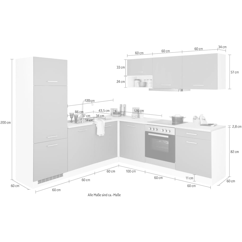 HELD MÖBEL Winkelküche »Visby«, mit E-Geräte, Winkel 240 x 240cm inkl. Kühlschrank u. Geschirrspüler