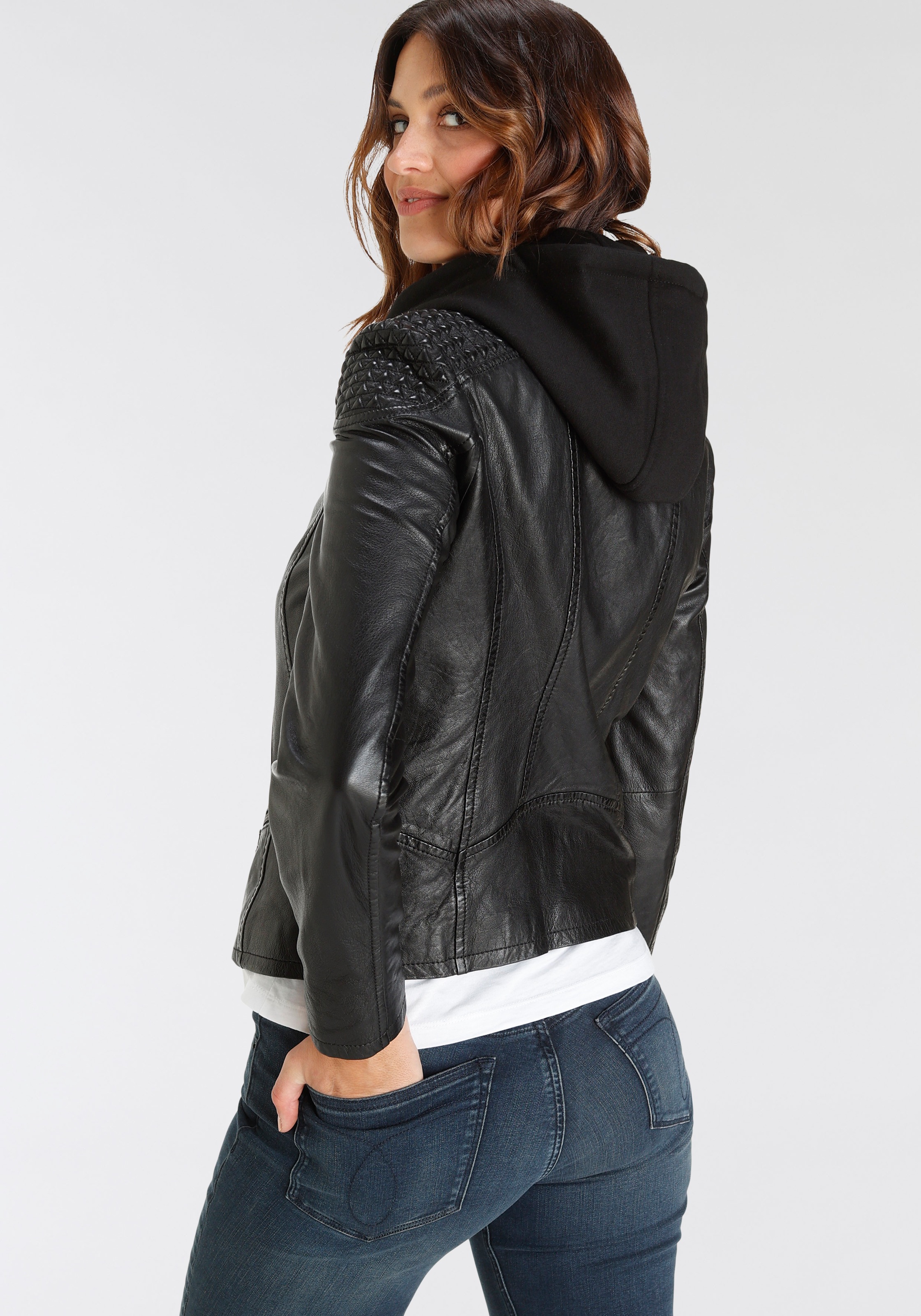 Mauritius Bikerjacke "GWNiruh", mit Kapuze, mit Nieten-Details an der Schul günstig online kaufen