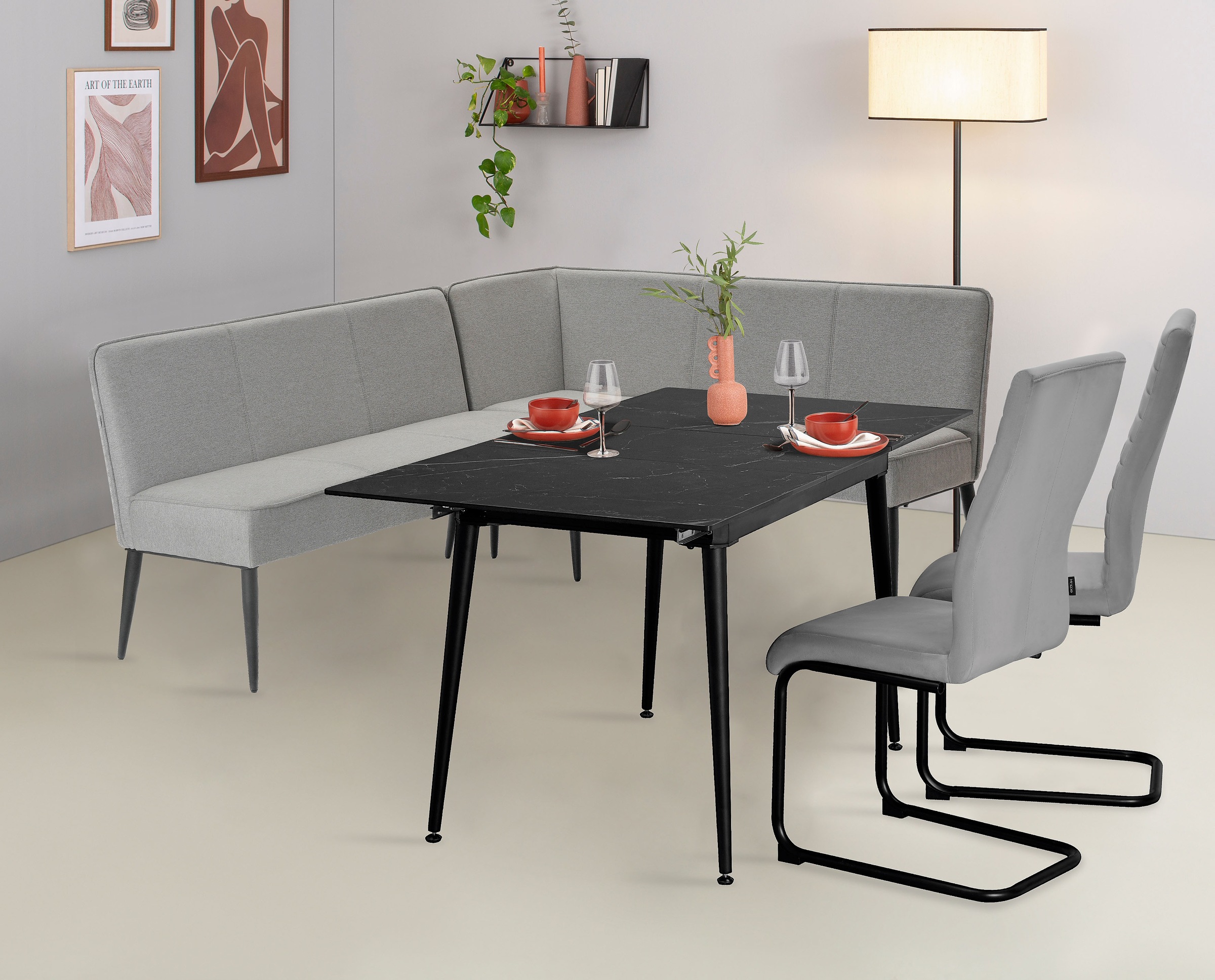 Home affaire Eckbank »LENZROSE«, (Esszimmerbank, Bank,), mit Taschenfederkern, schwarzes Metallgestell, Breite 202 cm