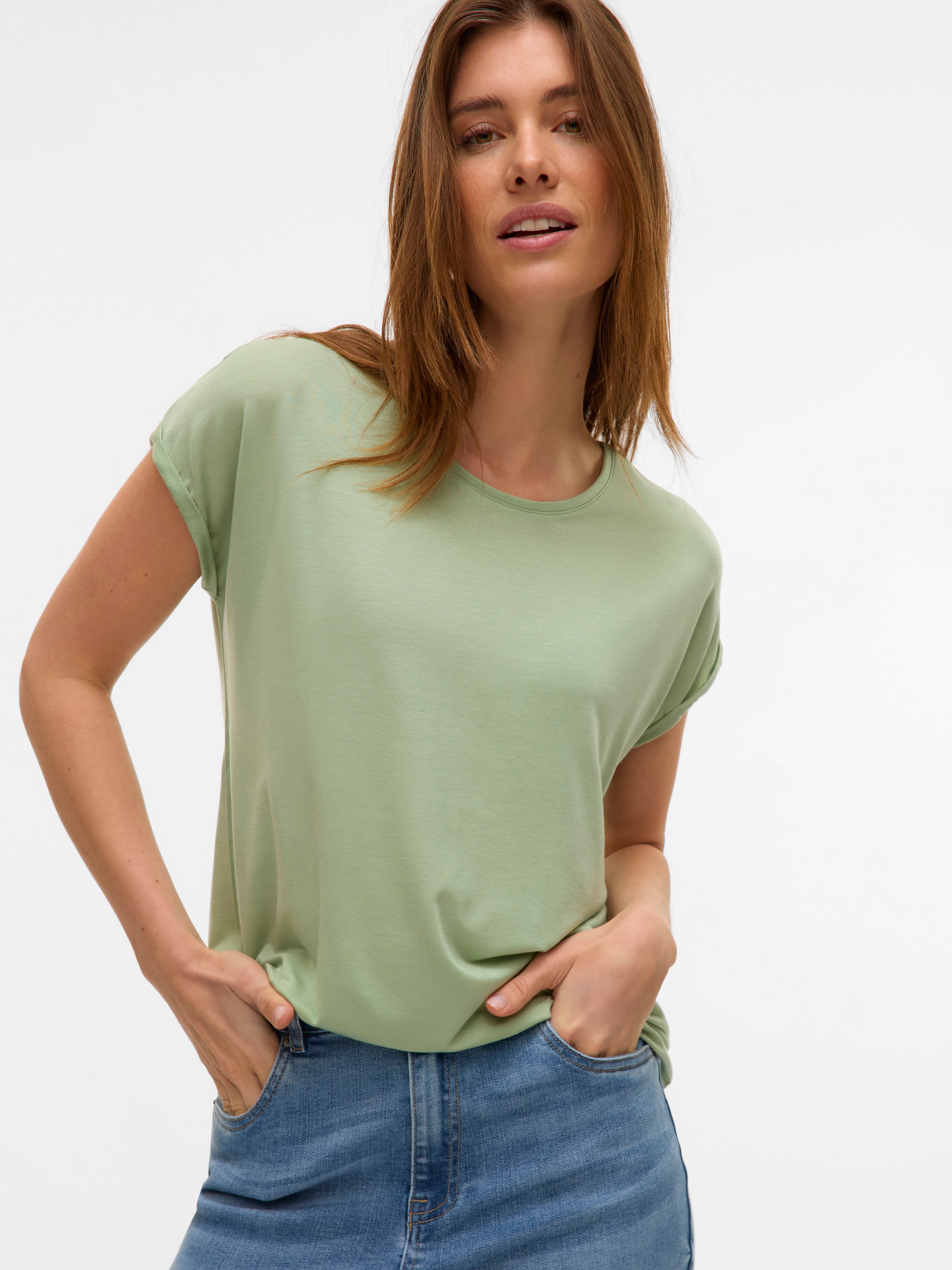 Vero Moda Rundhalsshirt "VMAVA PLAIN SS TOP GAJRS NOOS" Materialmix, regula günstig online kaufen