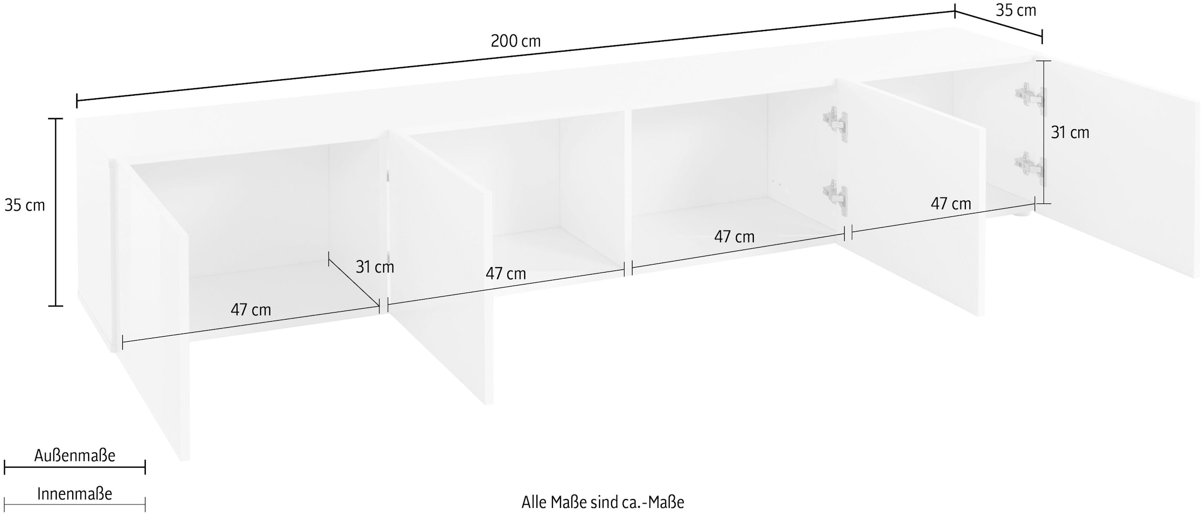 borchardt Möbel Lowboard »Sophia«, Breite 200 cm mit 4 Türen, stehend und hängend