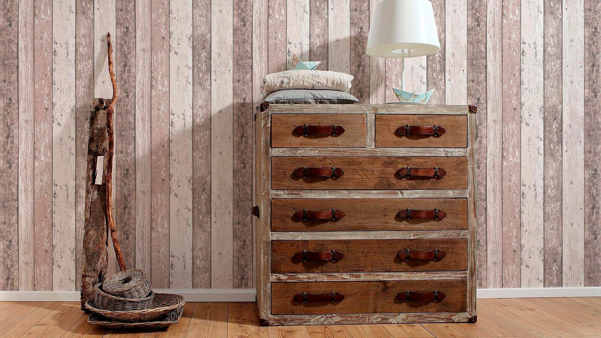 A.S. Creation Surf Beach Hut Painted Wood Panel Pattern Faux Effect Wallpaper in Brown