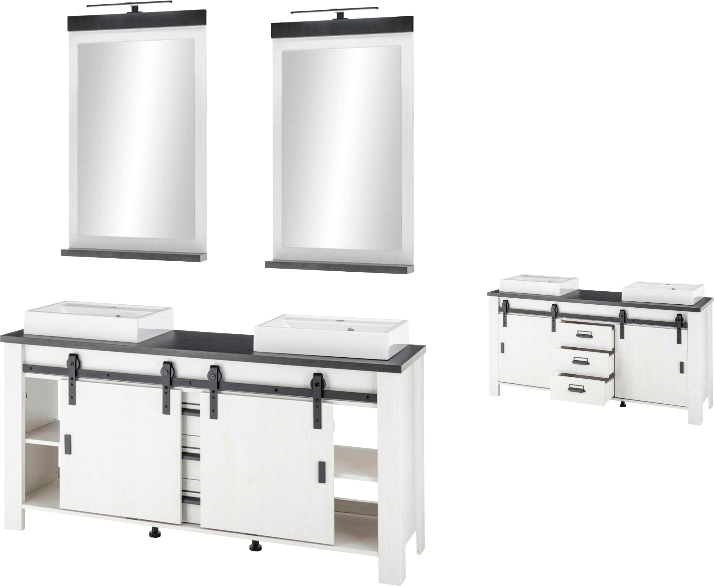 Home affaire Badmöbel-Set »SHERWOOD, Bad im modernen Design, 3-teiliges Badezimmer«, (3 St.), in 2 Farben verfügbar, Scheunentorbeschlag & Apothekergriff aus Metall