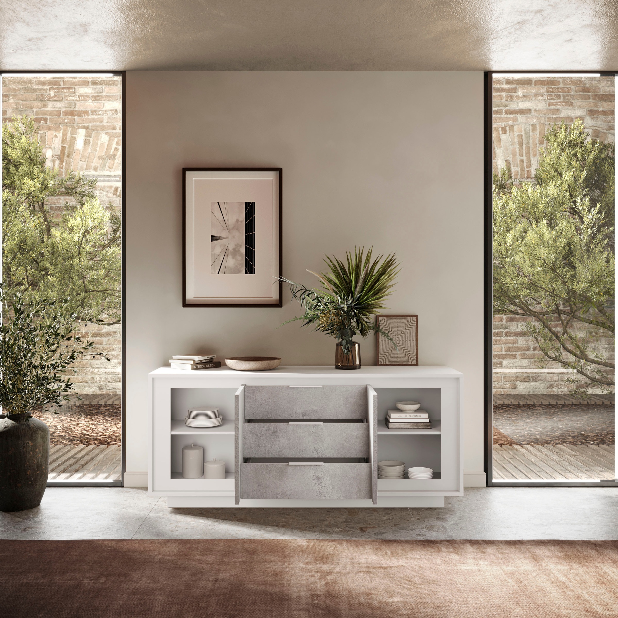 Home affaire Sideboard »Sky, B/T 180/50 cm, Kommode/Stauraumschrank, 2 Türen, 3 Schubkästen« Softclosing, Korpus & Front 22 mm stark, Rahmen-Optik, Metallgriffe