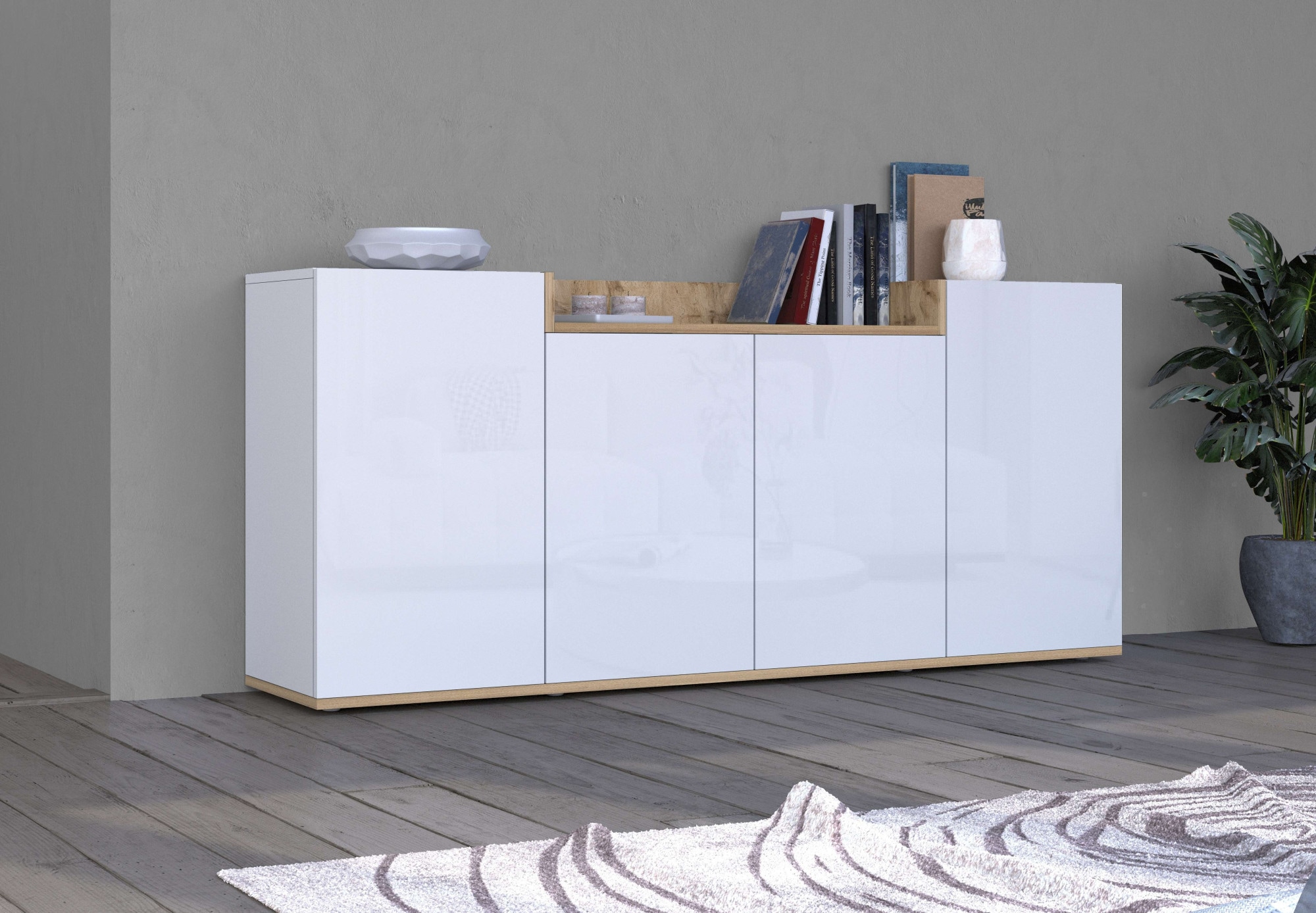OTTO home Sideboard »BOLSENA, Kommode, Schrank,Lowboard mit 6 Fächer und offenes Ablagefach« 1 Stk. tlg. Breite 160 cm,stehend/hängend,Fronten Hochglanz lackiert,Made in Italy