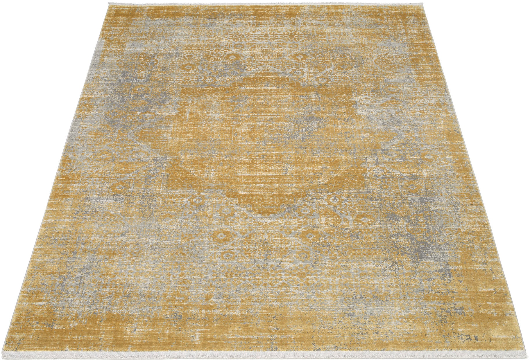 Teppich OCI DIE TEPPICHMARKE "COLOUR MEDI", gold (goldfarben), B:67cm H:8mm L:130cm, Polyacryl, Viskose, Teppiche, Teppich, Glanz Viskose, mit Fransen, Hoch Tief Struktur, Vintage, Wohnzimmer
