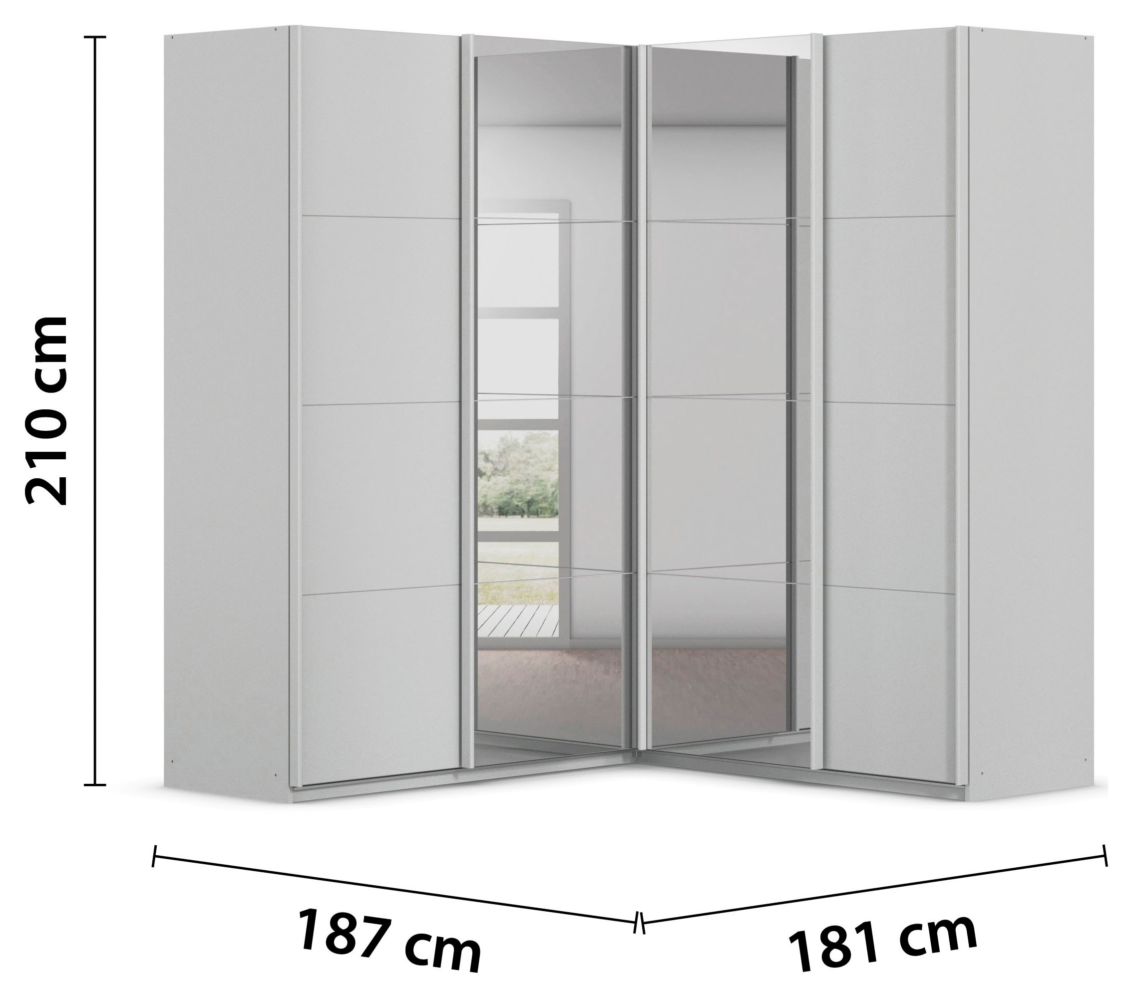 rauch Schwebetürenschrank »Schrank Garderobe Eckkleiderschrank QUADRA Front in Dekor/Hochglanz« Maß 181x187 cm, Höhen 210/229 cm, inkl. Soft-Close-Funktion,  extra großer Eckschrank inkl. Schubladeneinsatz MADE IN GERMANY