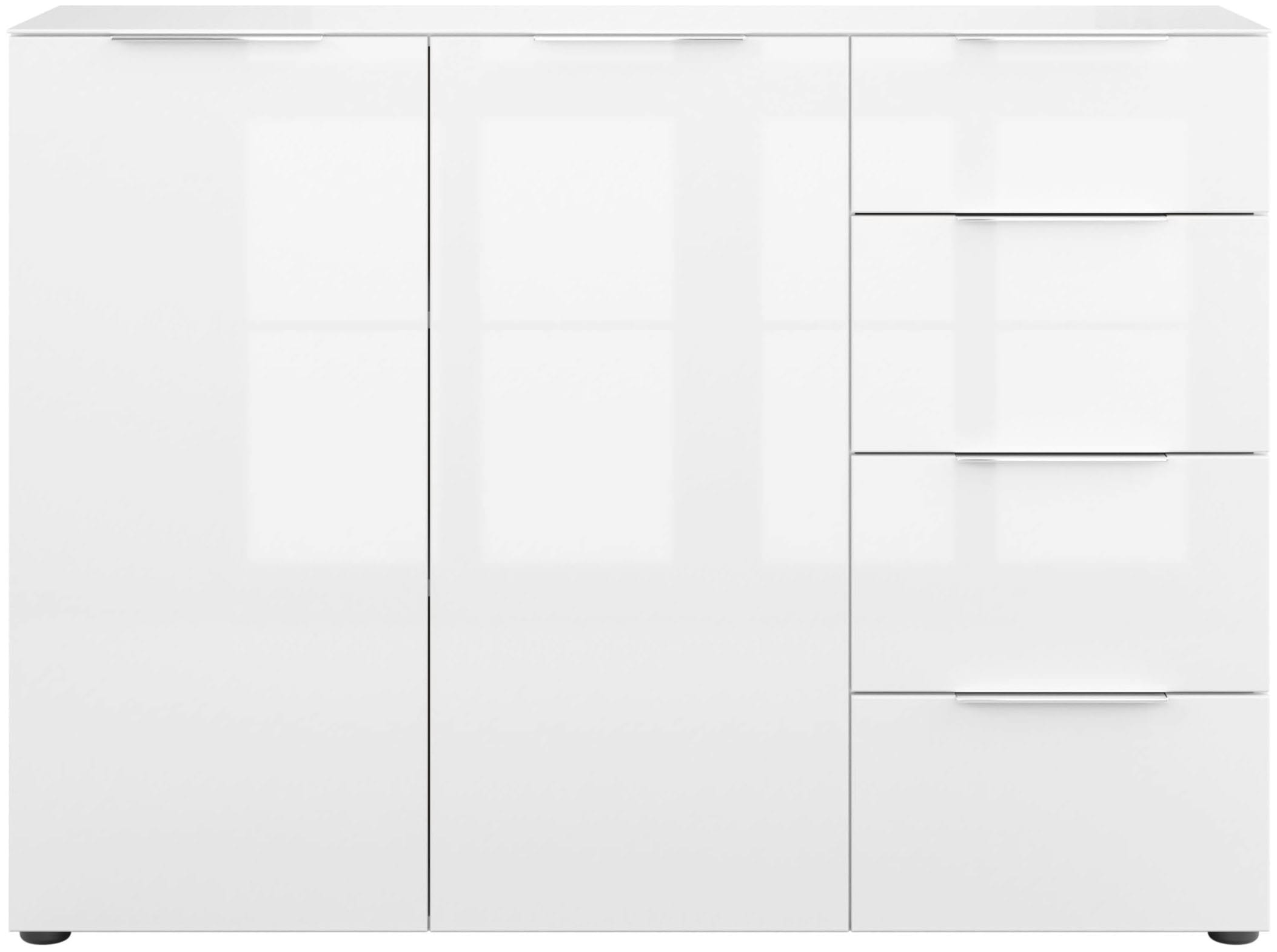 Manjana Möbel Highboard "mit Chrom oder Schwarz matten Metallgriffen & Glasfront, Soft-Close" melaminbeschichteter Korpus, mit Vollauszug, Made in Germany