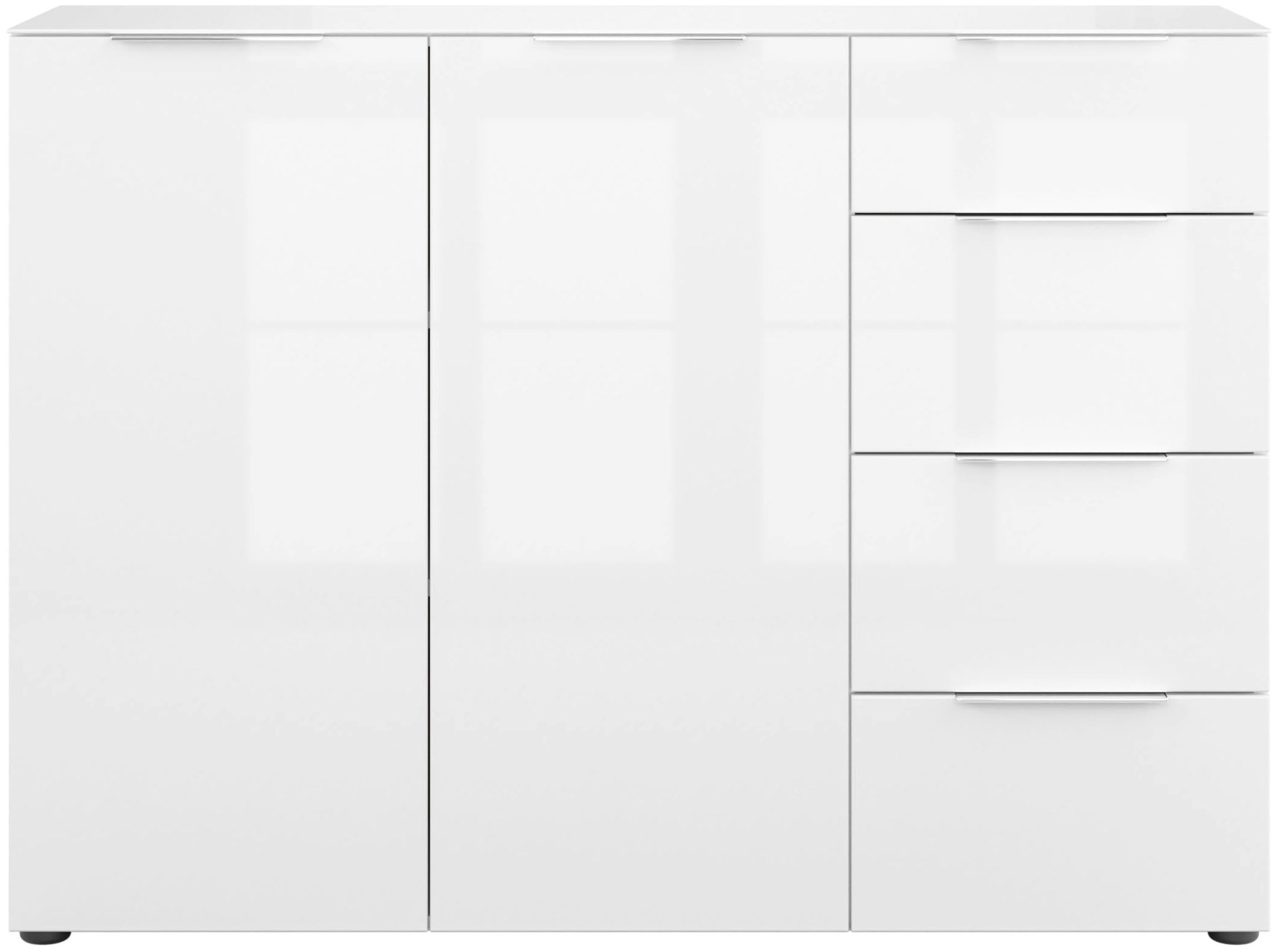 Kommode MANJANA MÖBEL, B:135cm H:98,7cm T:40cmweiß matt, weißglas, metall chrom, Glas, Metall, Sicherheitsglas ESG, Spanplatte, Schlafzimmer,