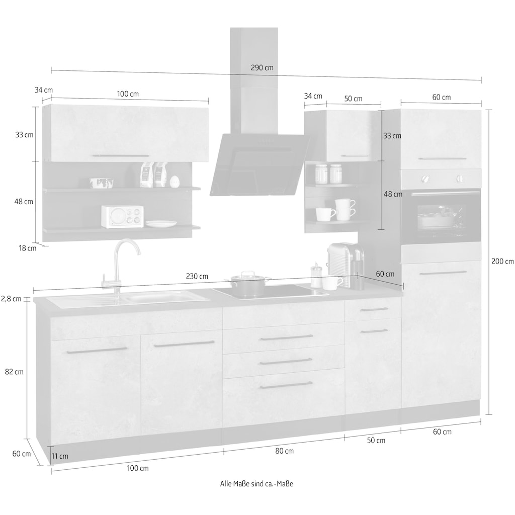 HELD MÖBEL Küchenzeile »Tulsa«, ohne E-Geräte, Breite 290 cm, schwarze Metallgriffe, MDF Fronten