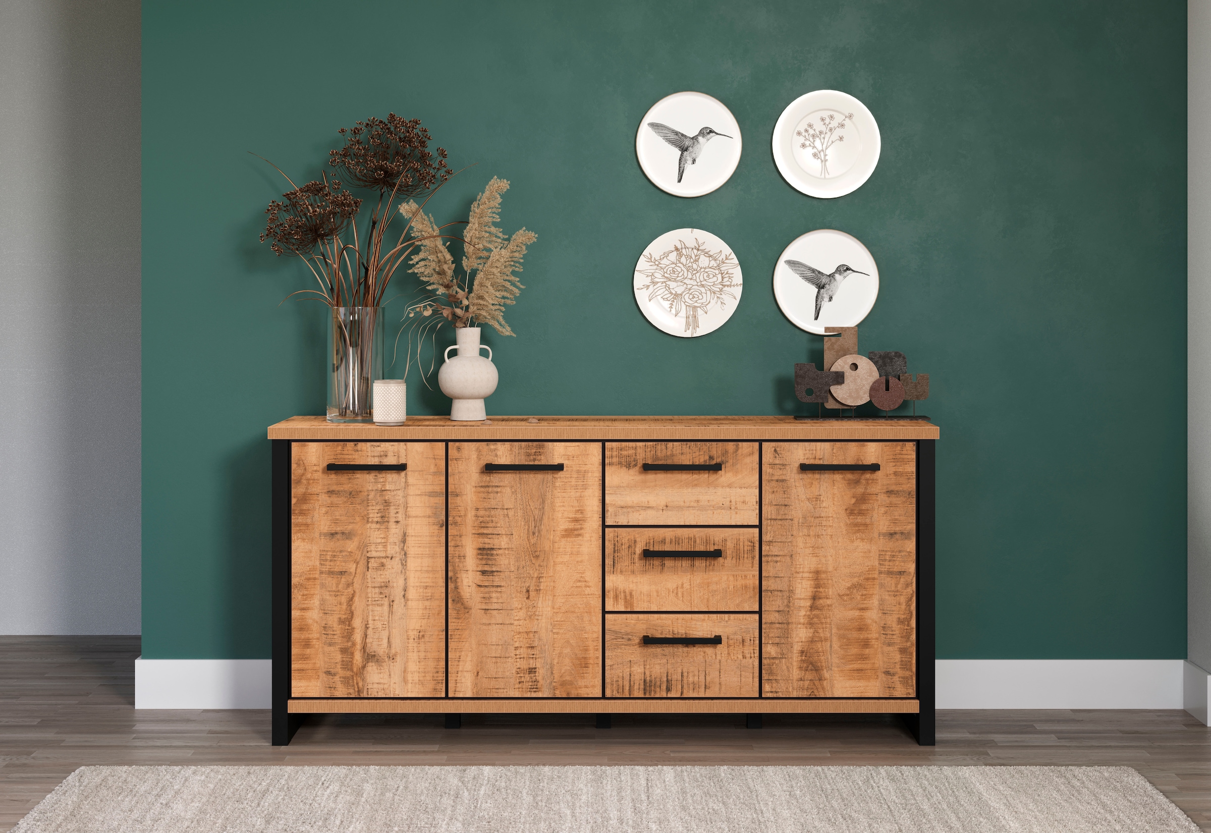 Home affaire Sideboard »Elda« 1 Stk. tlg. Sideboard mit 3 Türen & 3 Vollauszug Schubladen – (B/T/H) 180/45/86 cm