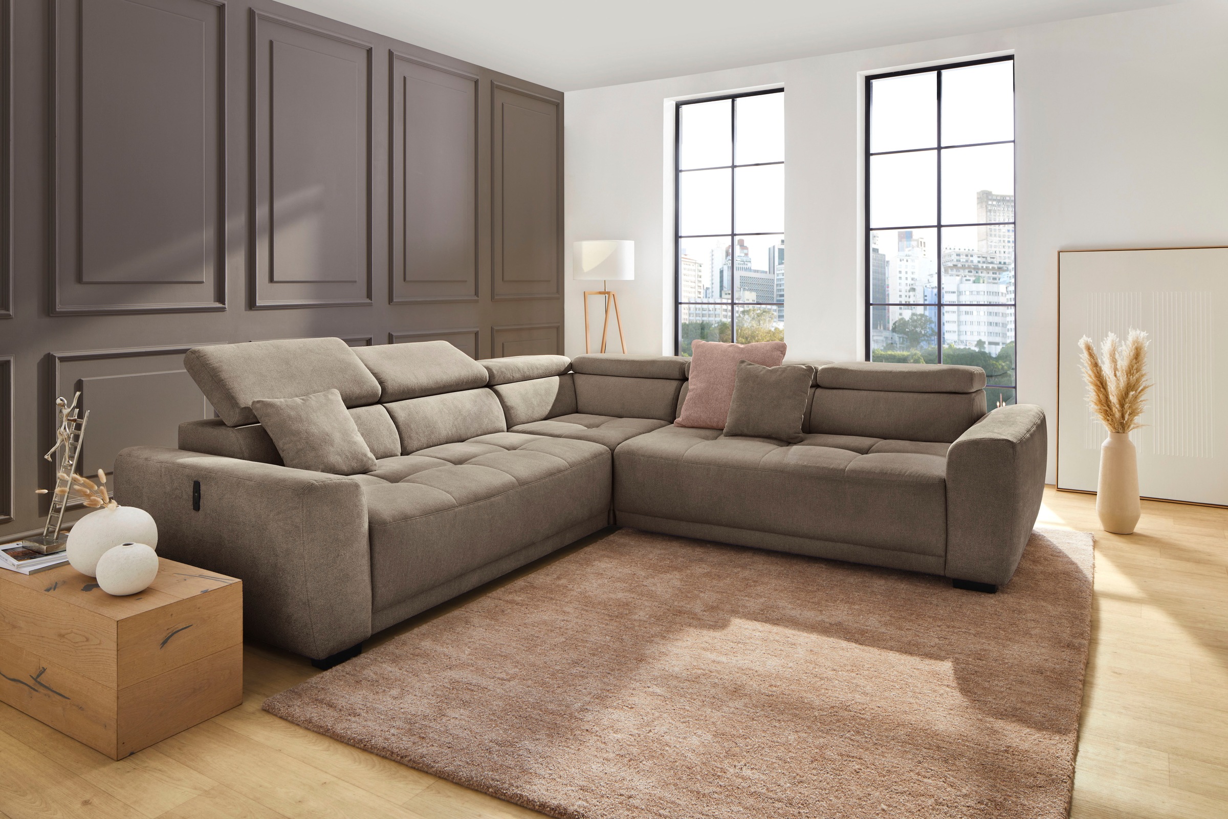 Wohnlandschaft, B:292cm T:113cmtaupe 430, 18, JOCKENHÖFER GRUPPE, Korpus: 100% Polyester;Kissen: 100% Polyester, Sofas, "Monza, L-Form, B: 292x292cm,