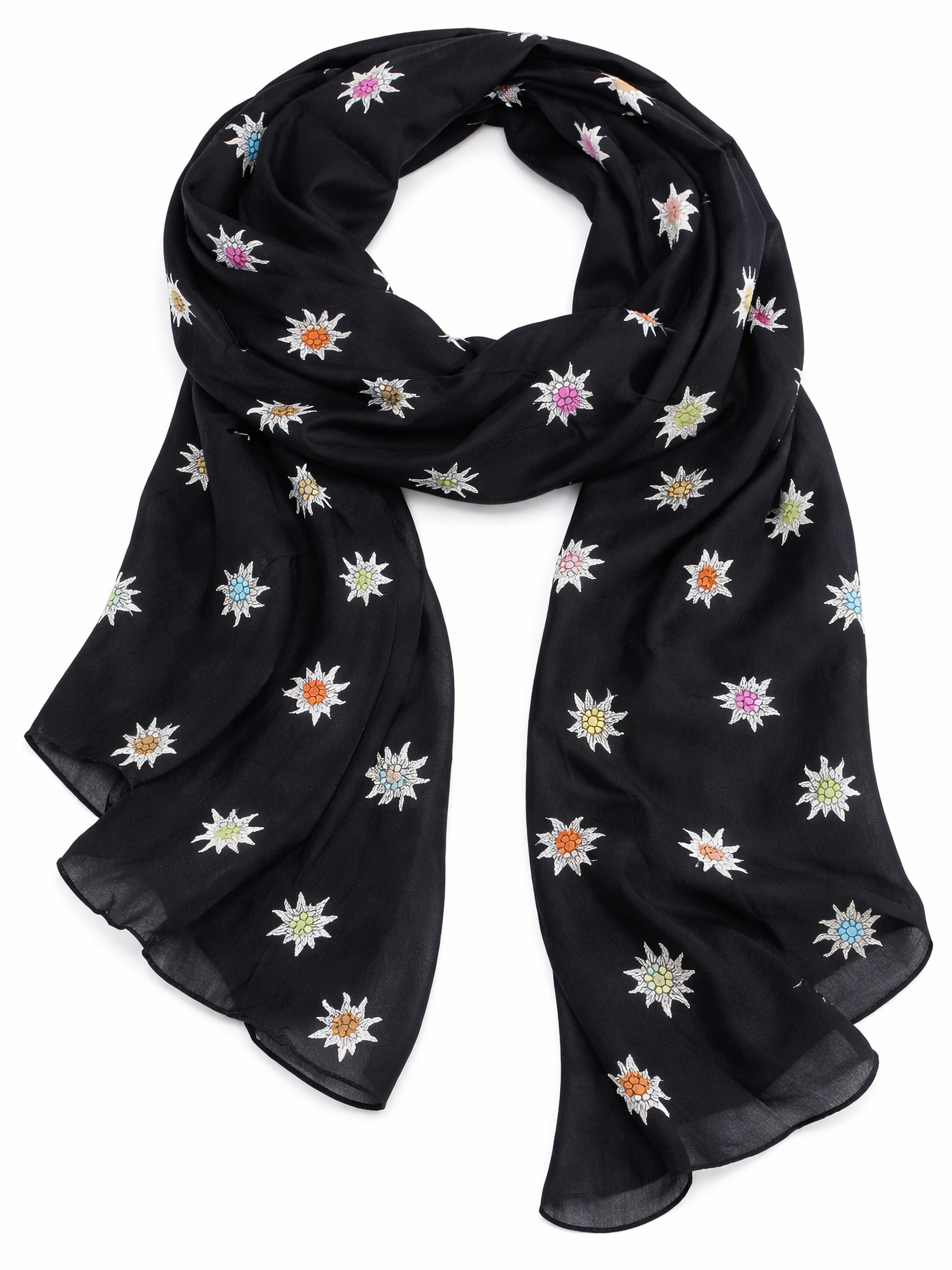 Allgäu Rebell Schal "Edelweiss" 1 Stk. schwarz mit bunten Edelweiß Motiven günstig online kaufen