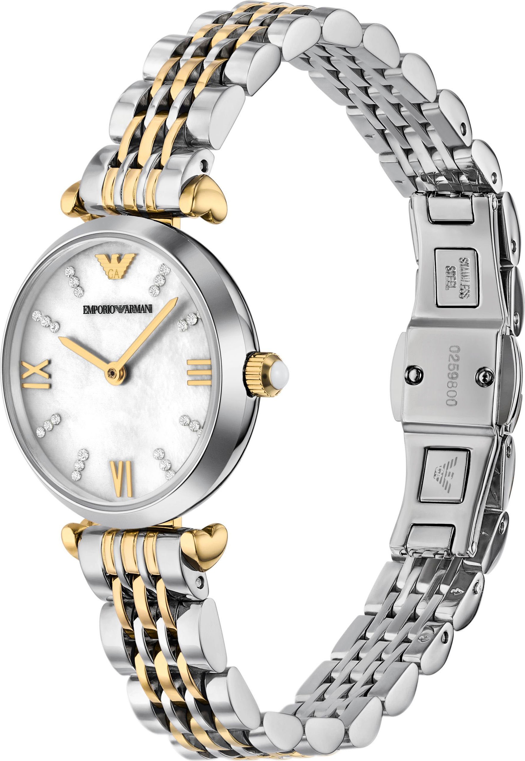 Emporio Armani Quarzuhr, (Set, 2 tlg., mit Armreif), Armbanduhr, Damenuhr, Edelstahlarmband, Ideal auch als Geschenk