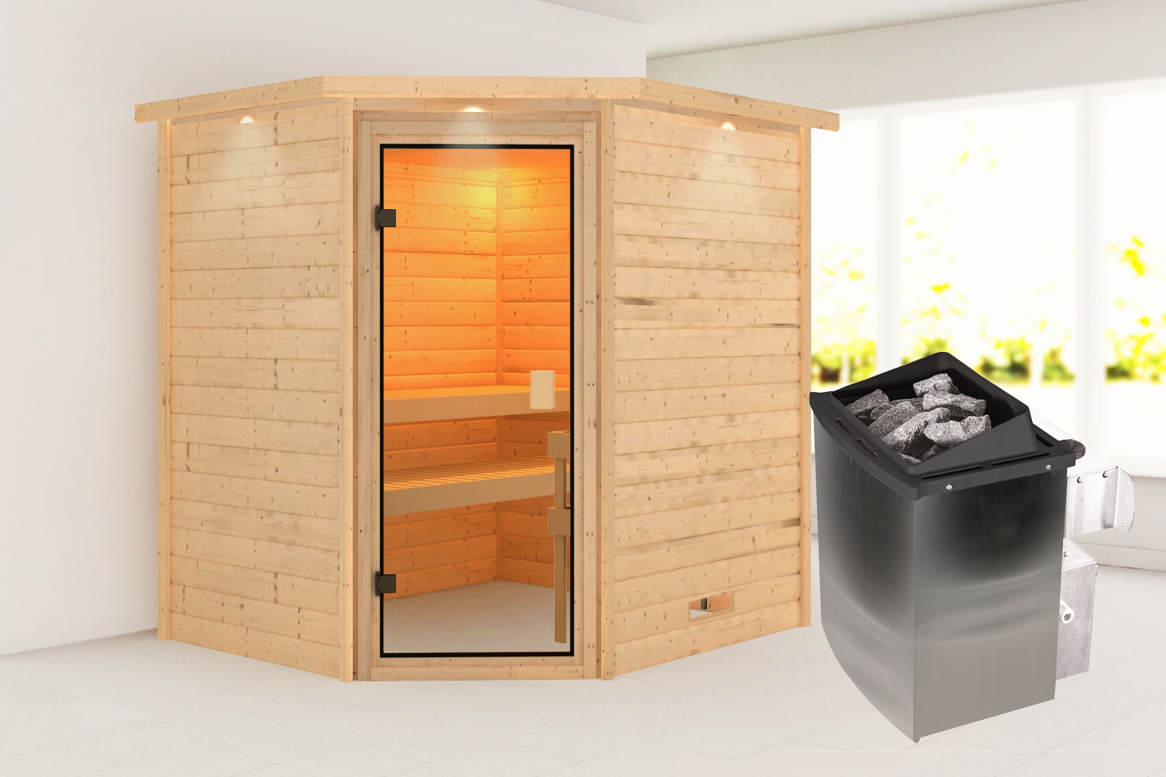 Karibu Sauna ""Trixi" mit bronzierter Tür und Kranz, naturbelassen" aus hochwertiger nordischer Fichte