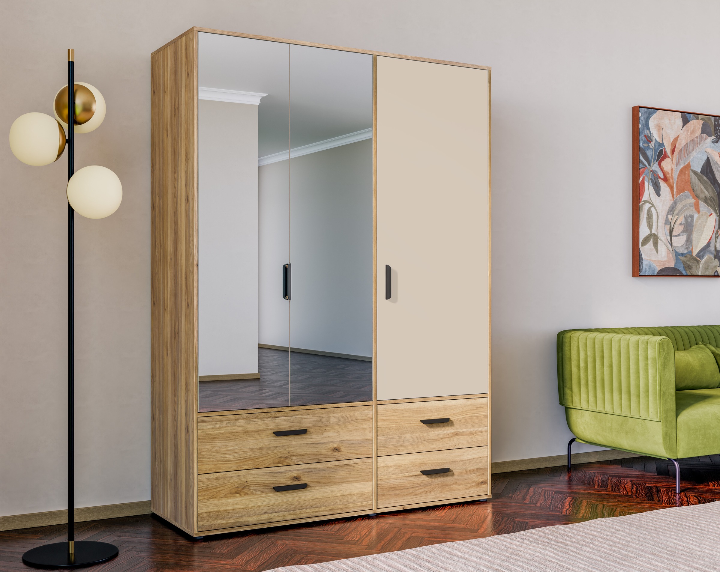 FORTE Drehtürenschrank »Schrank mit Spiegel, zeitloses Design, 3türig« viel Stauraum, Schubladen, Spiegeltürenm Höhe 200 cm