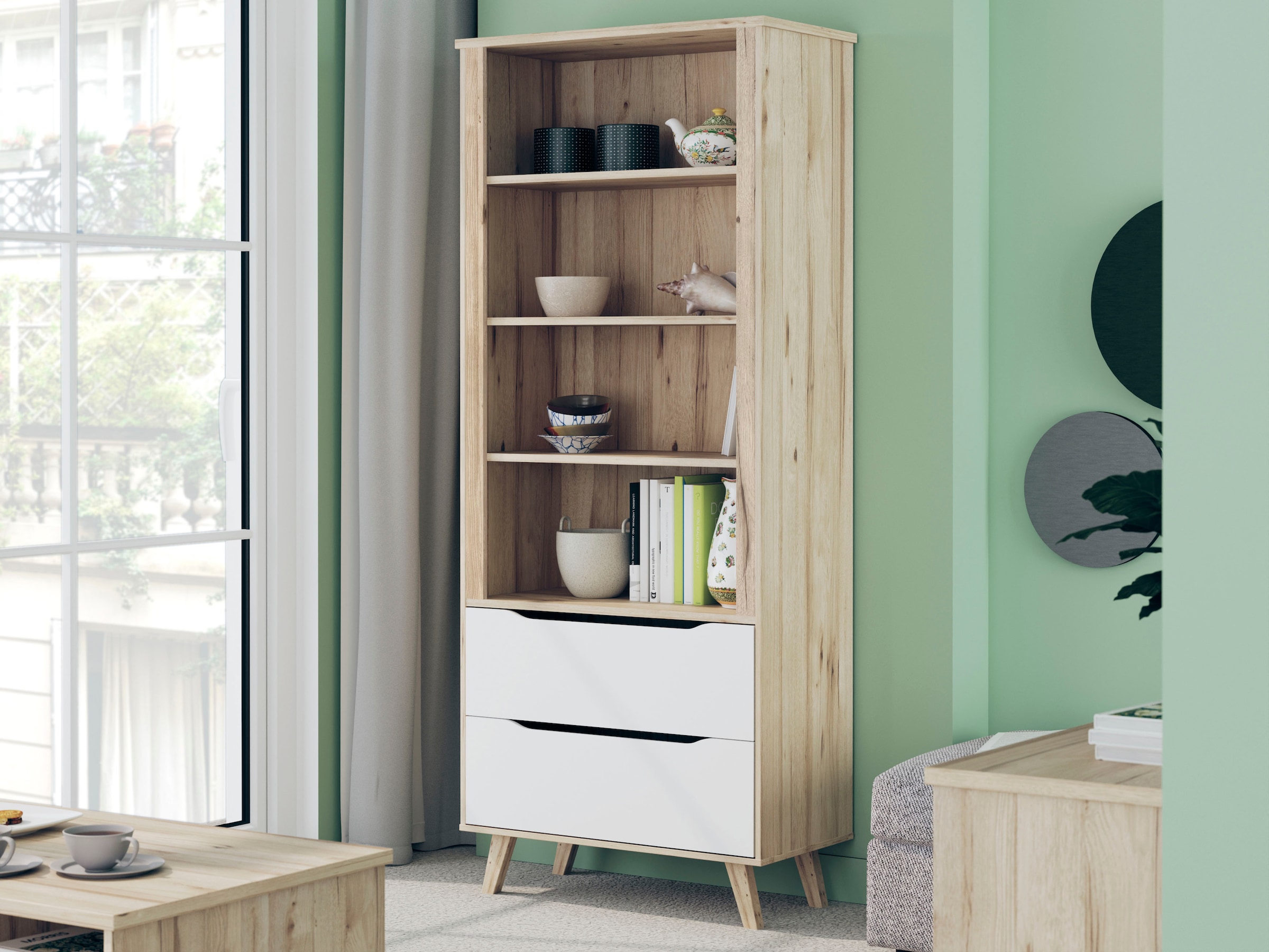 FORTE Wandregal »Vankka Regal 2 Schubkästen« B/H/T 84,7/201,5/41,7 cm,  Regal, Holzfüße, Einlegeböden variabel , 2 Schubkästen