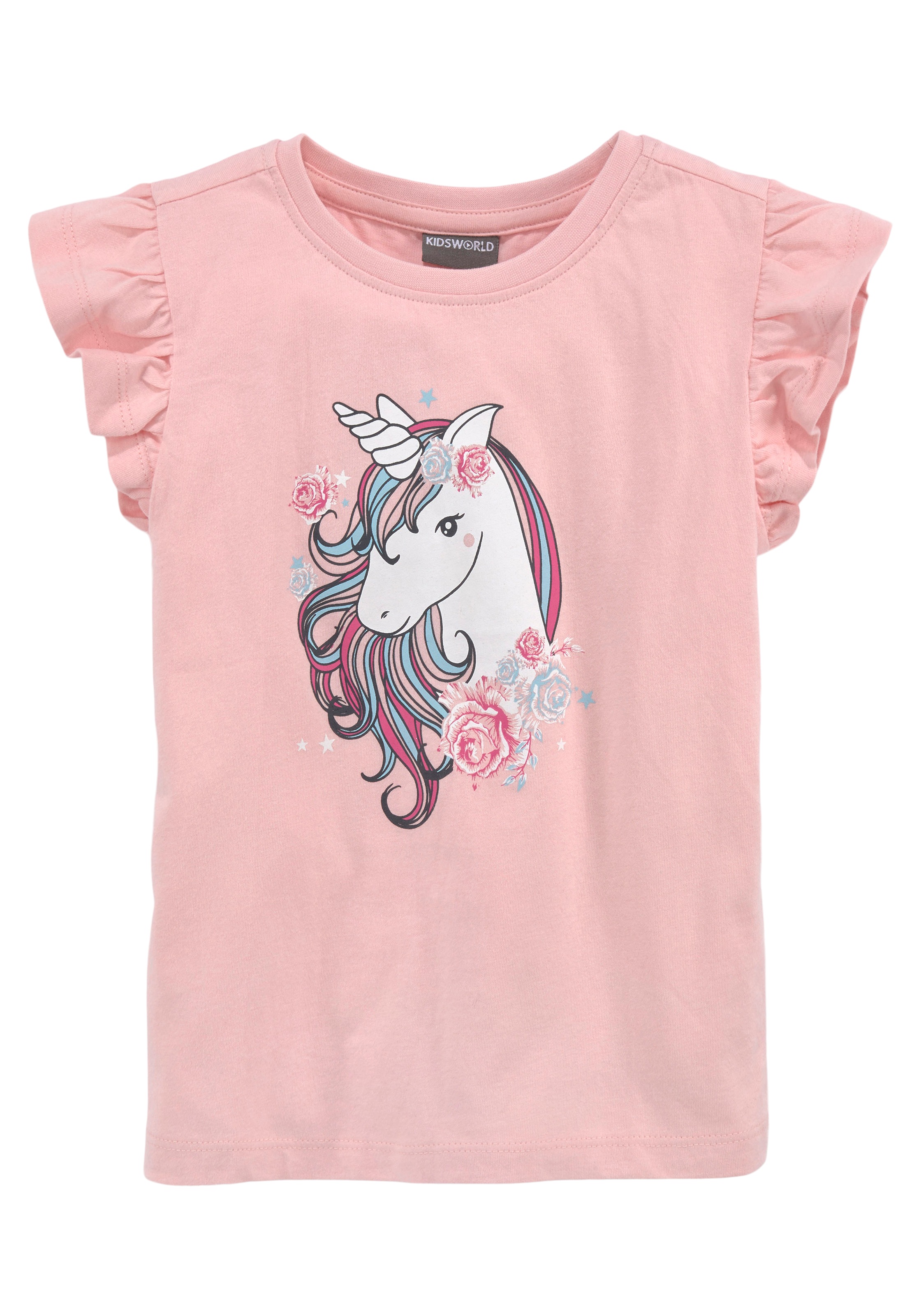 T-Shirt KIDSWORLD "mit Einhorn-Druck", Mädchen, Gr. 104/110, rosa, Single Jersey, Obermaterial: 100% Baumwolle, bedruckt, Basic hüftlang, Rundhals, Shirts T-Shirt, Kurzarm, basic geschnitten, mit modischem Druck 3