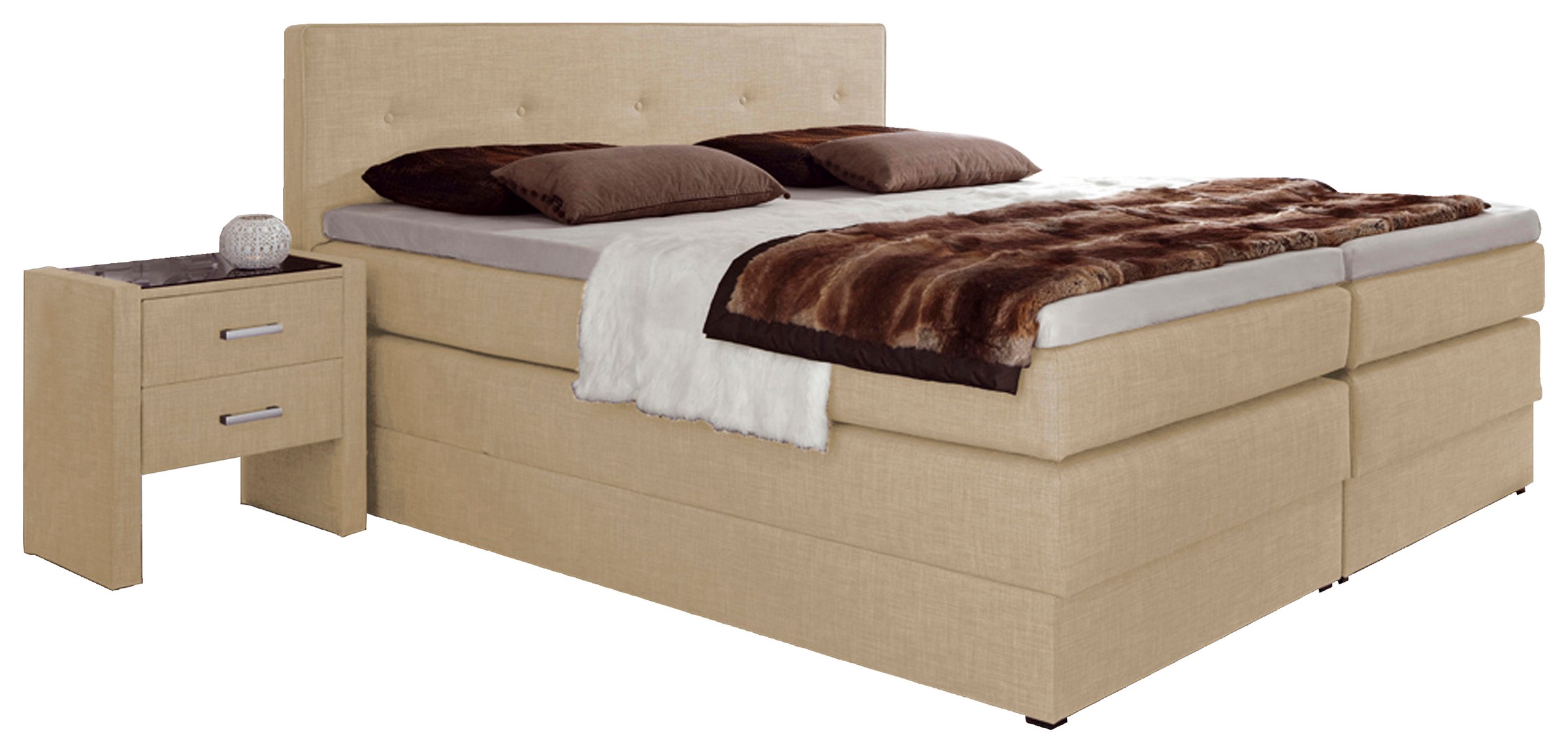 Boxspringbett HAPO, beige, Liegefläche B/L: 180cm x 200cm, kein Härtegrad, 7-Zonen-Kaltschaummatratze, Kopfteil, seitliche Unterbox und Obermatratze sind mit pflegeleichtem Feinstrukturstoff in Leinenoptik (100% Polyester) bezogen;Die Oberseite der Unterf 7