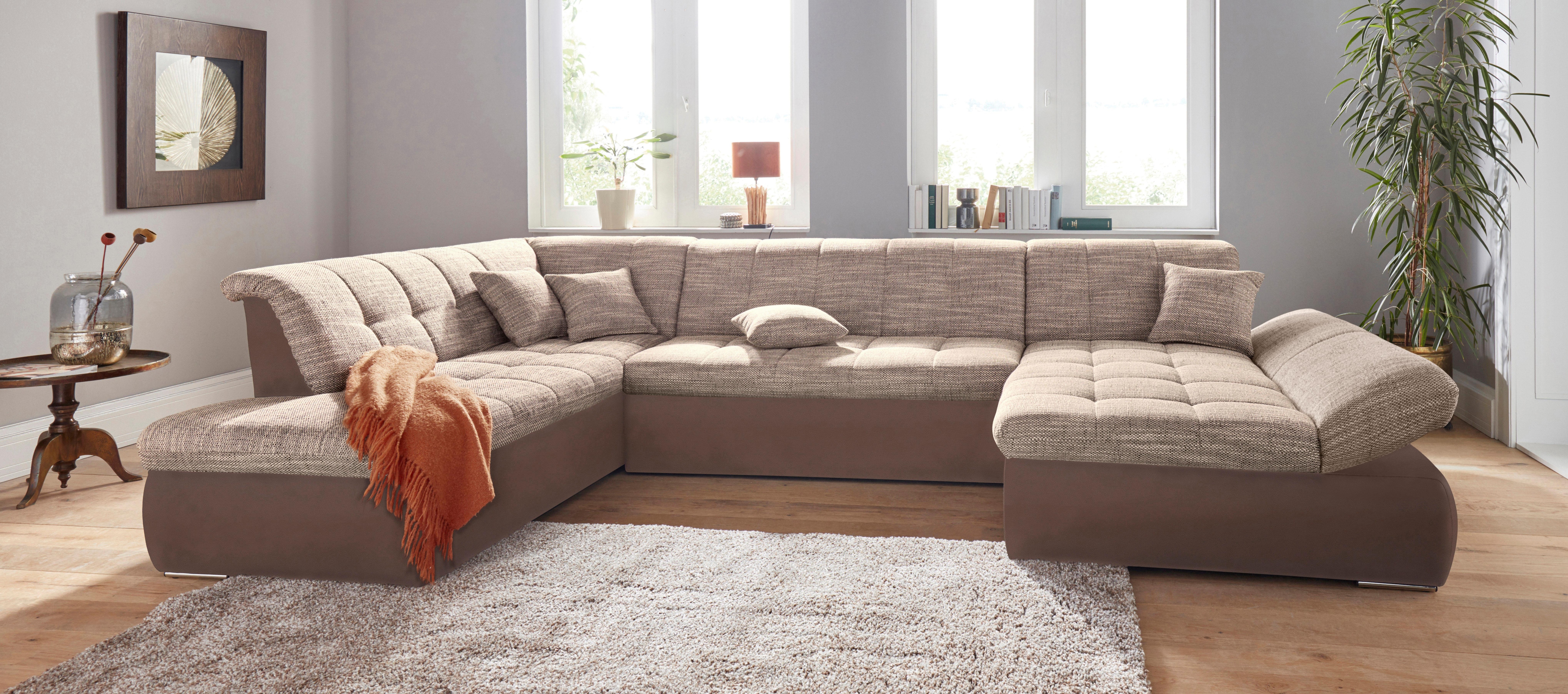 DOMO collection Wohnlandschaft "PB MORIC wahlweise mit Bettfunktion und Armteilverstellung U-Form" XXL-Format B/T/H: 353/216/80 cm, feine Steppung, incl. Zierkissen