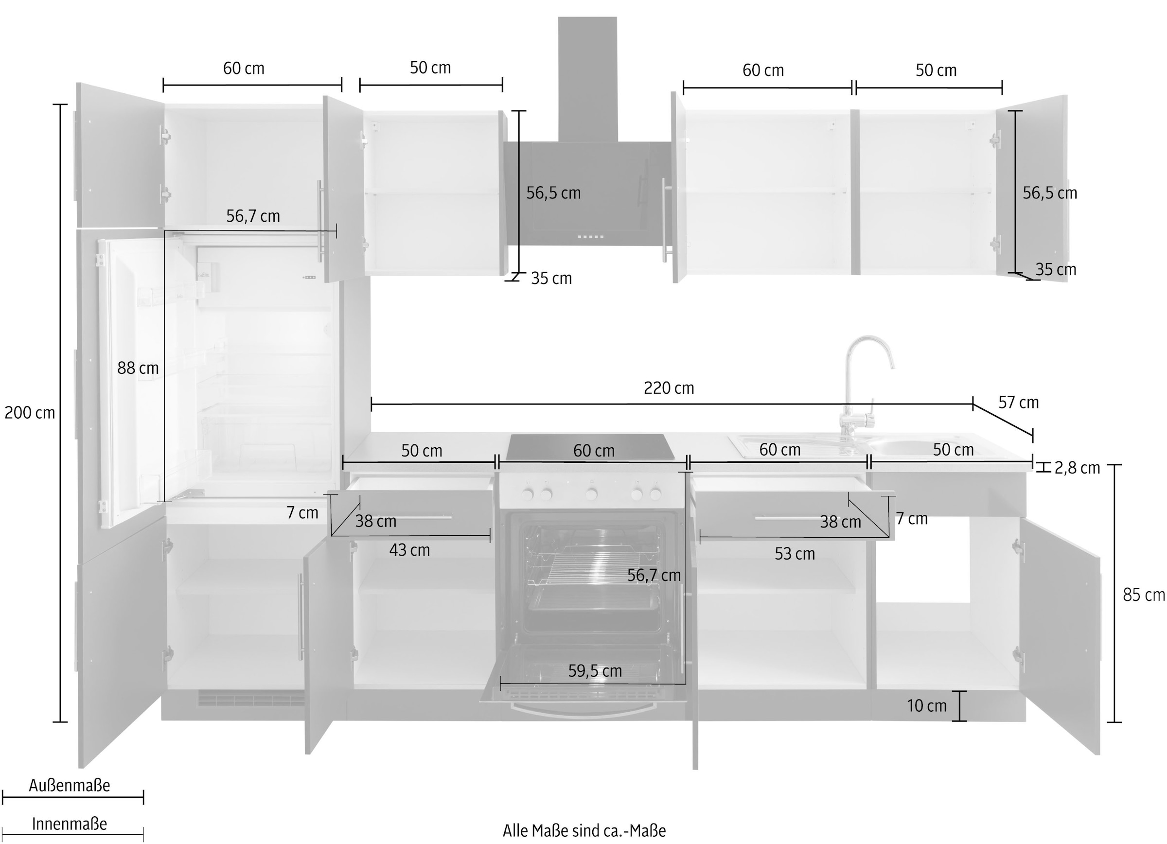 wiho Küchen Küchenzeile »Cali«, ohne E-Geräte, Breite 280 cm