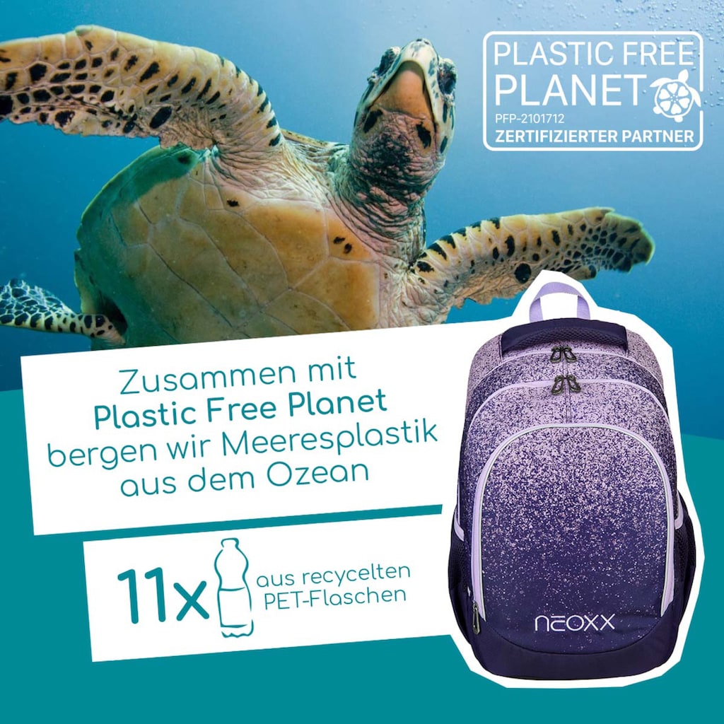 neoxx Schulrucksack »Fly, Glitterally perfect«, Reflektionsnaht, aus recycelten PET-Flaschen