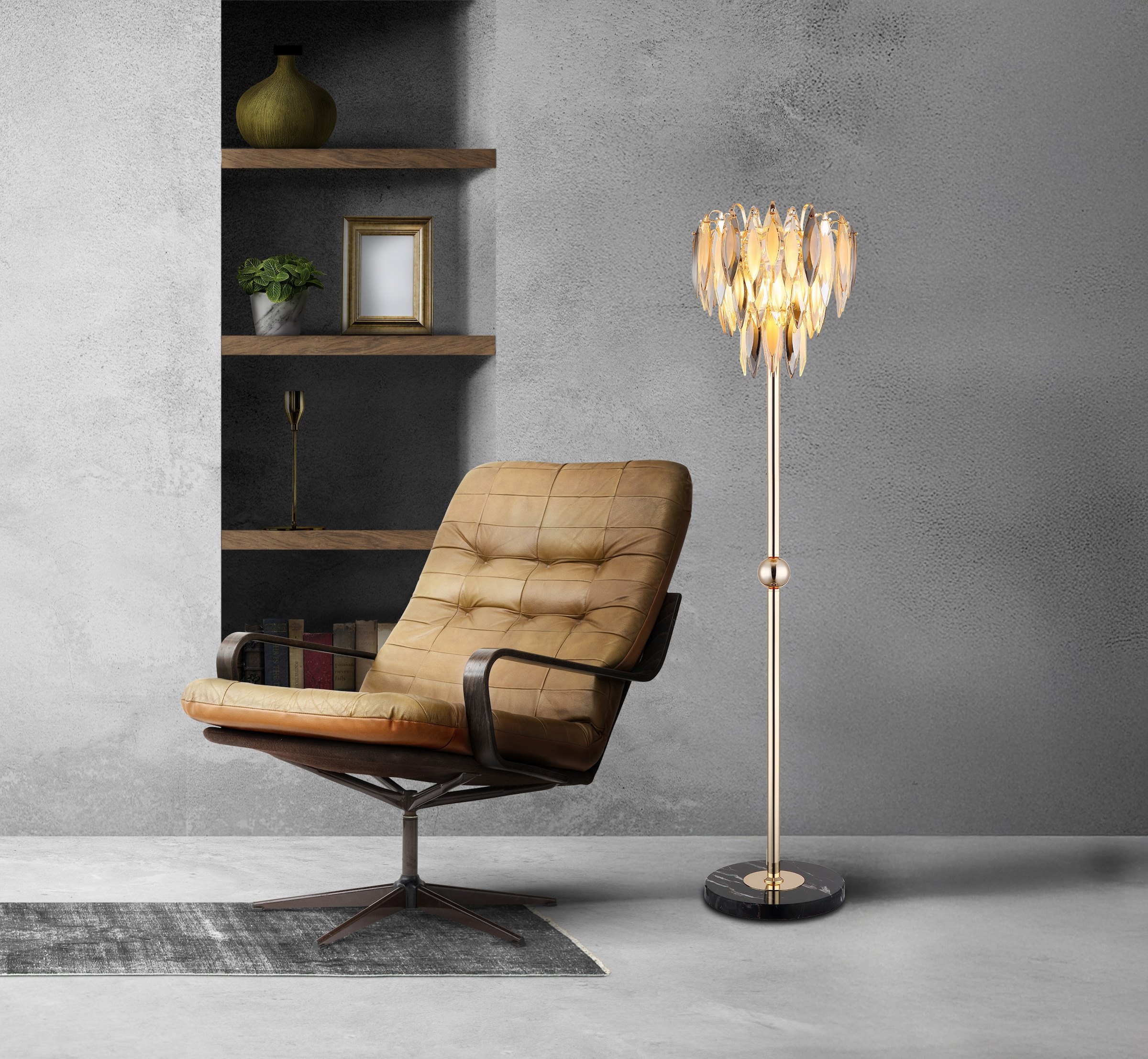 GLOBO LIGHTING Stehlampe »ELINOR« E14 1 Stk. Stehleuchte Gold/Marmor, K9 Kristalle, Fußtrittschalter, E14