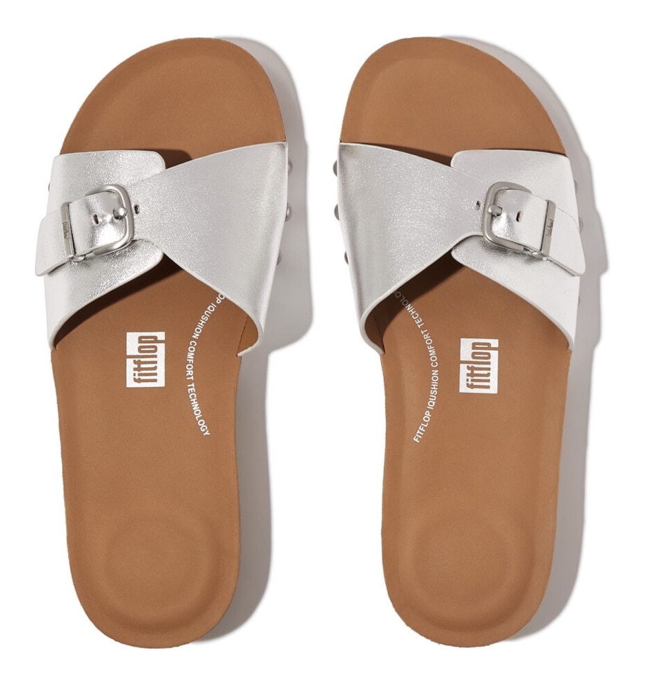 Fitflop Pantolette »IQUSHION ADJUSTABLE BUCKLE METALLIC-LEATHER SLIDES«, Keilabsatz, Sommerschuh, Schlappen mit verstellbarer Bandage