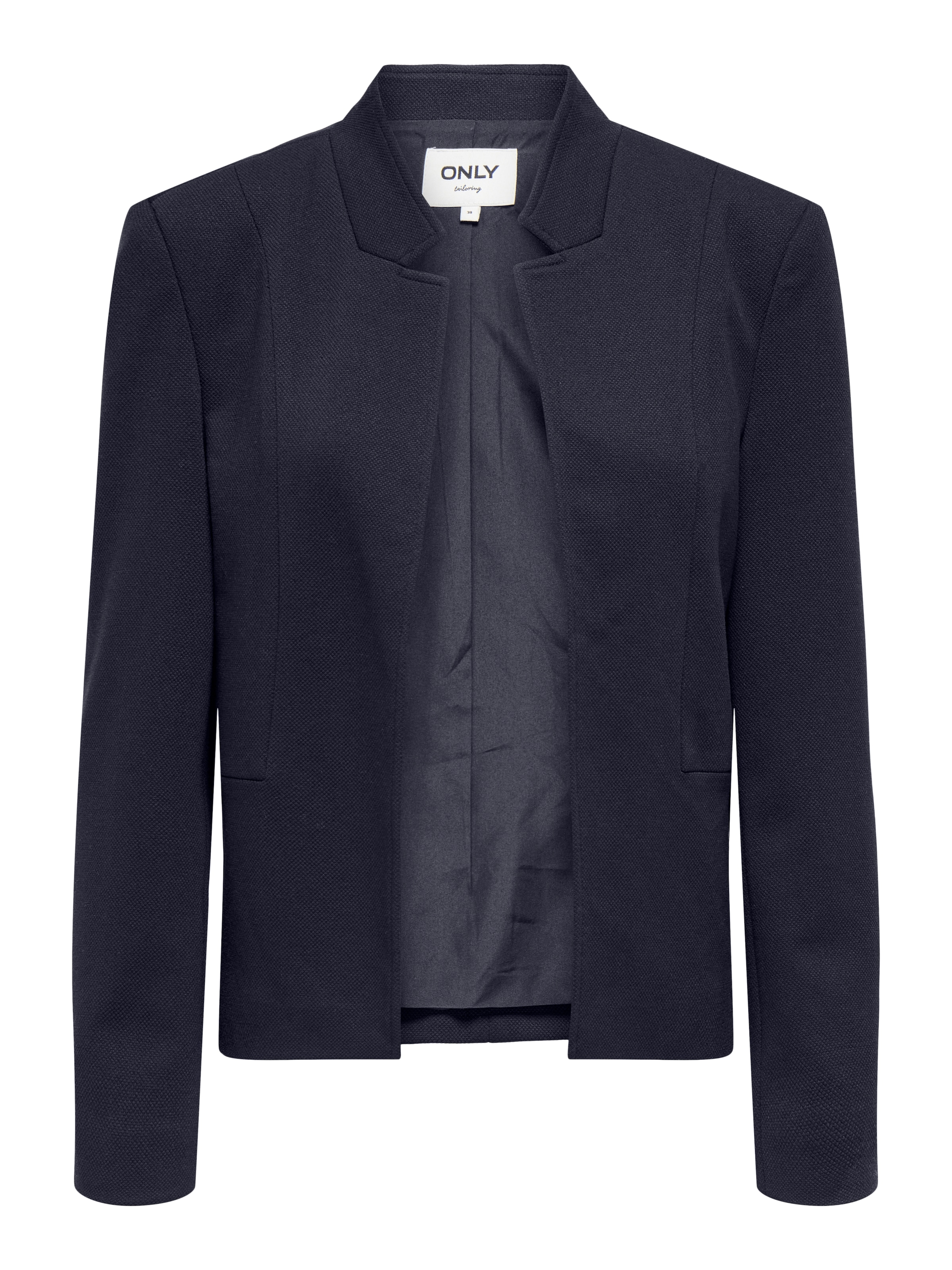 Kurzblazer ONLY "ONLEMILLIA LIFE L/S OPEN BLAZER CC TLR", Damen, Gr. 38, night sky, Web, Obermaterial: 74% Polyester, 22% Viskose, 4% Elasthan, unifarben, regular fit normal, Blazer Kurzblazer, mit Stehkragen