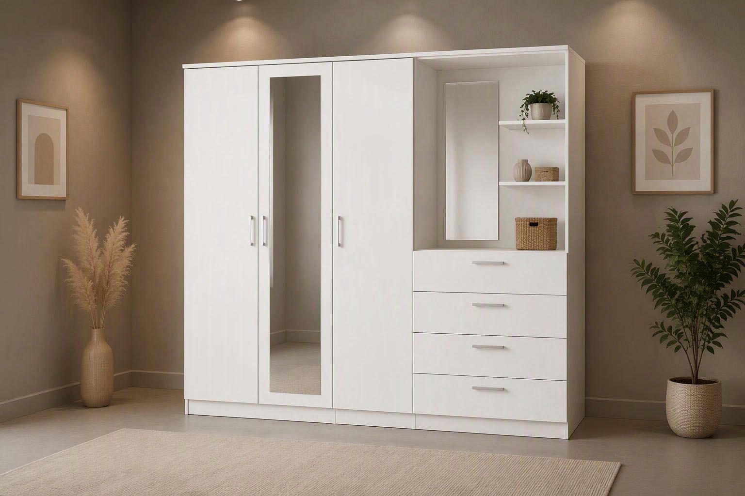 FORTE Kleiderschrank "Panama, Garderobenschrank, Spiegel, Schubladen, Regale, viel Stauraum" Made in Europe, FSC zertifiziert, Stauraumwunder