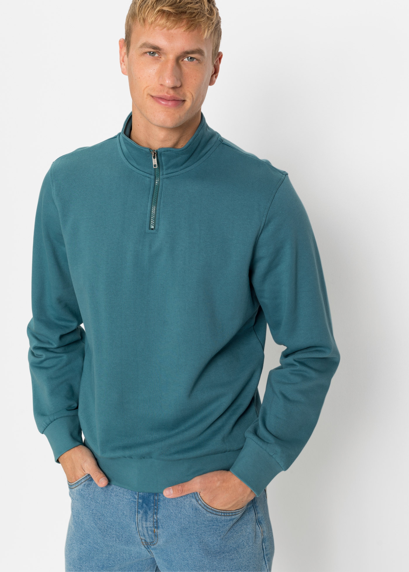bonprix Sweatshirt "Sweatshirt mit Troyerkragen", mit Stehkragen mit kurzem Reißverschluss, Regular Fit, unifarben